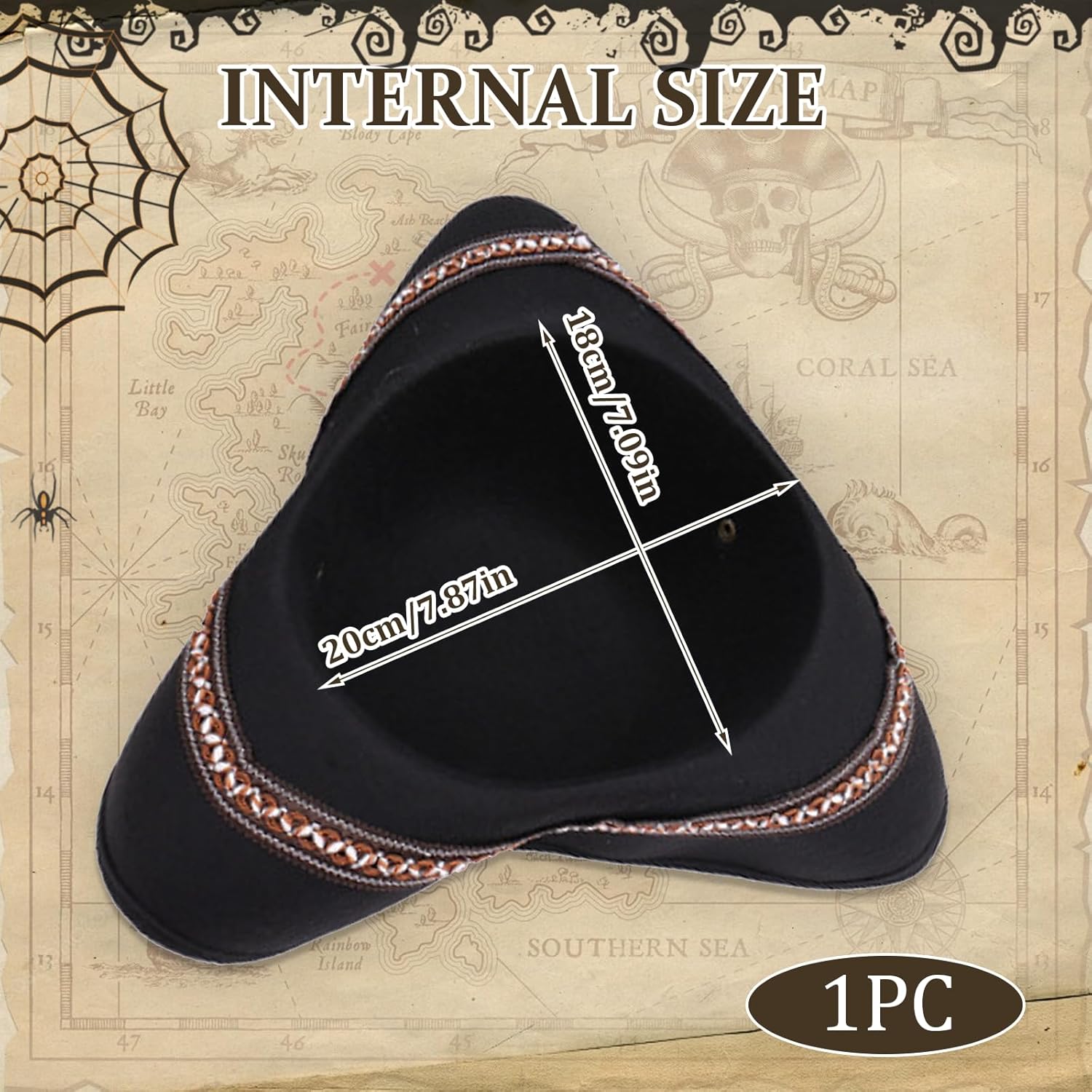 Adult Tricorn Pirate Hat with Feather for Halloween, Black Pirate Captain Hat for Colonial Revolutionary, for Women Men - Image 4