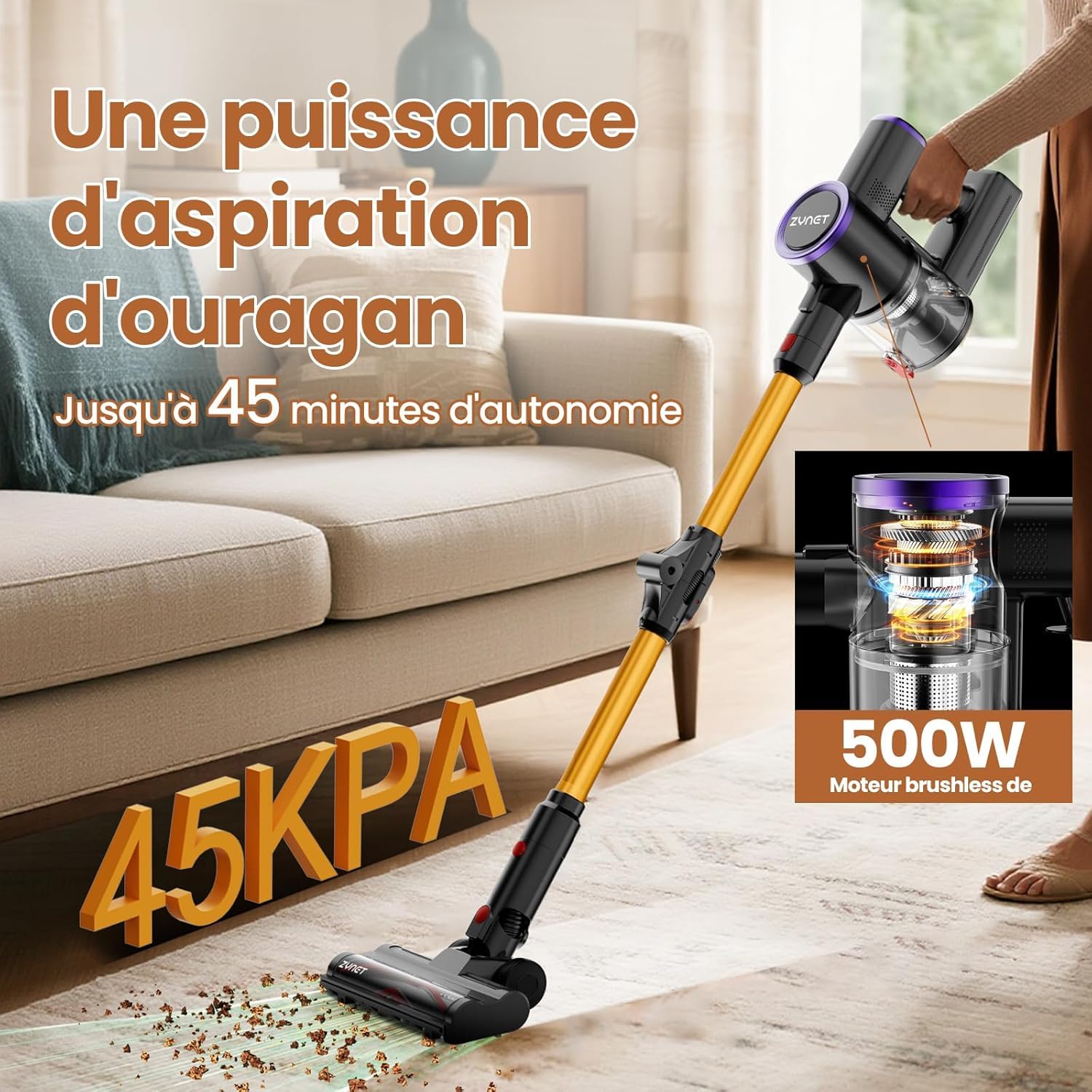 S9 Aspirateur Balai sans Fil, 45kPa/500W/45Min, Tube Pliable, Station de Charge Murale 2-en-1, avec Lumière Verte, Filtration HEPA，Adapté aux Poils d'animaux/Tapis/Sols Durs (Jaune)