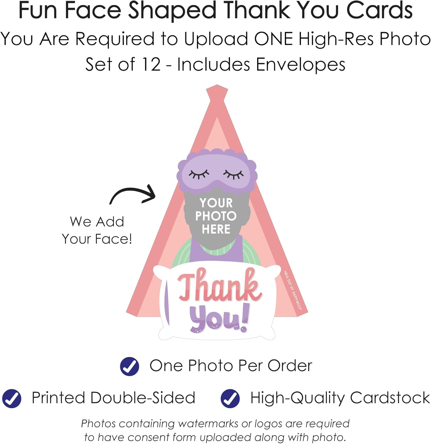Big Dot of Happiness Custom Photo Pajama Slumber Party - Girls Sleepover Birthday Party Fun Face Shaped Thank You Cards with Envelopes - Set of 12