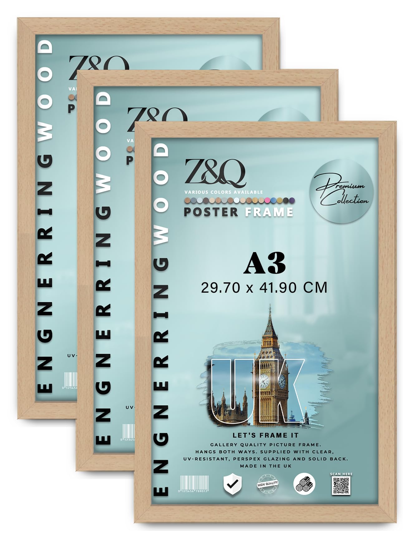 Z&Q Pack of 3 MDF Wood Finish A3 (29.70 x 41.90 CM) Poster Frame | Simple & Elegant Design 16 x 11 Inch For wall Gallery and Home Décor [ Beech ] — image 1