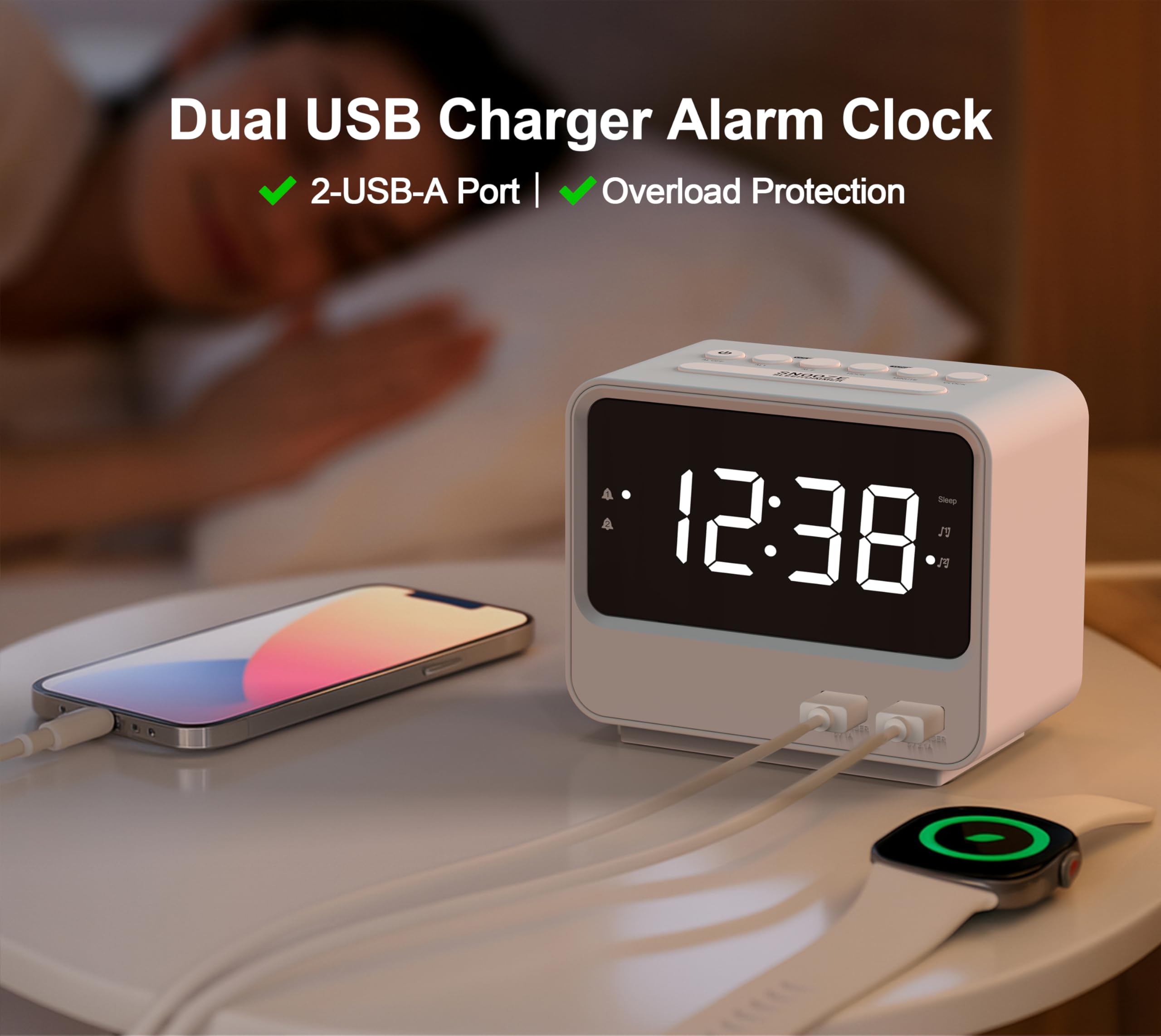 Radio-reloj Despertador para Dormitorios con Dos Puertos de Carga USB, Números Grandes con Brillo Ajustable, Radio FM Digital de Mesilla de Noche con Temporizador de Sueño, Volumen Ajustable, A23W