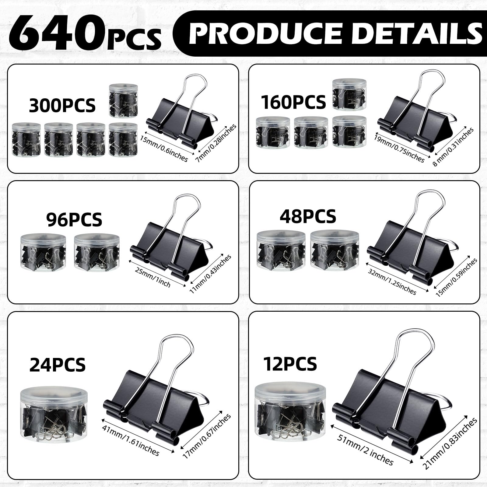 Yexiya 640 Stück Binder-Clips, verschiedene Größen, schwarze Büroklammern, Jumbo, groß, mittel, klein, Mini und Micro, Bürobedarf für Zuhause, Schule, Lehrer, Studenten, 6 Größen mit Box