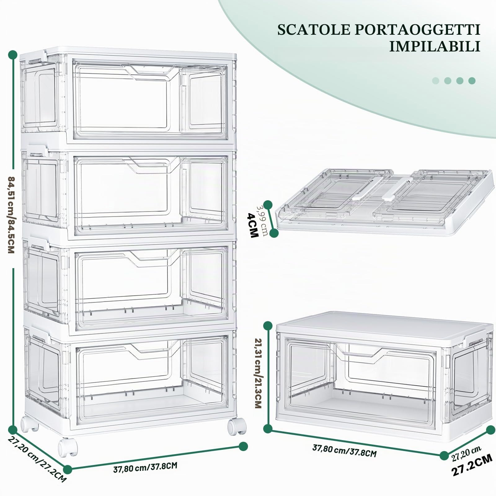 Scatole portaoggetti con coperchio, impilabili a 4 ripiani, 23 l, trasparenti, grandi contenitori per camera da letto, soggiorno, bagno, 4 strati e 1 coperchio