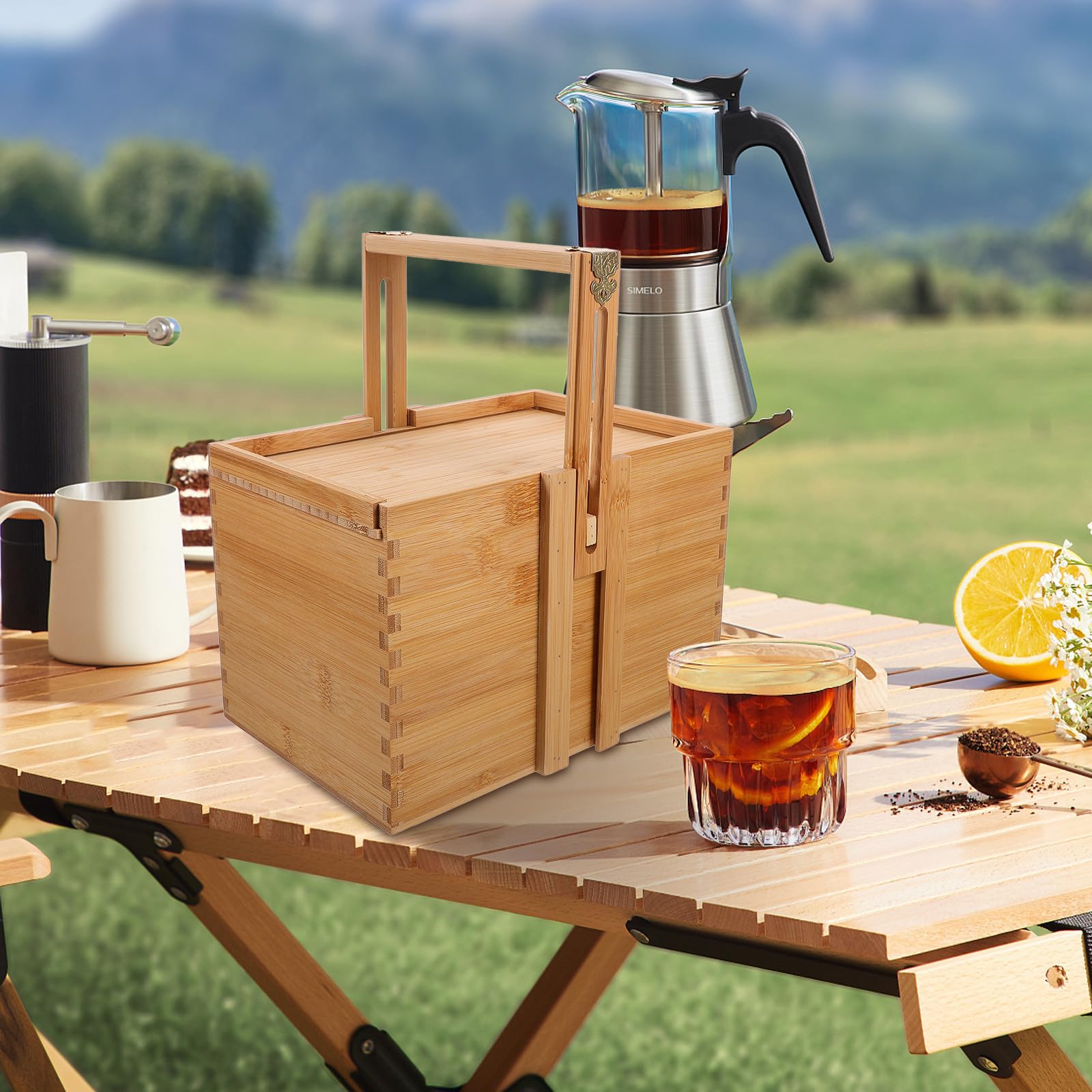 Cesta de Bambú Asa Ajustable para Picnic y Almacenamiento, Caja de Madera para Guardar Postres y Té, Diseño Sencillo y Fácil de Transportar para Uso Familiar