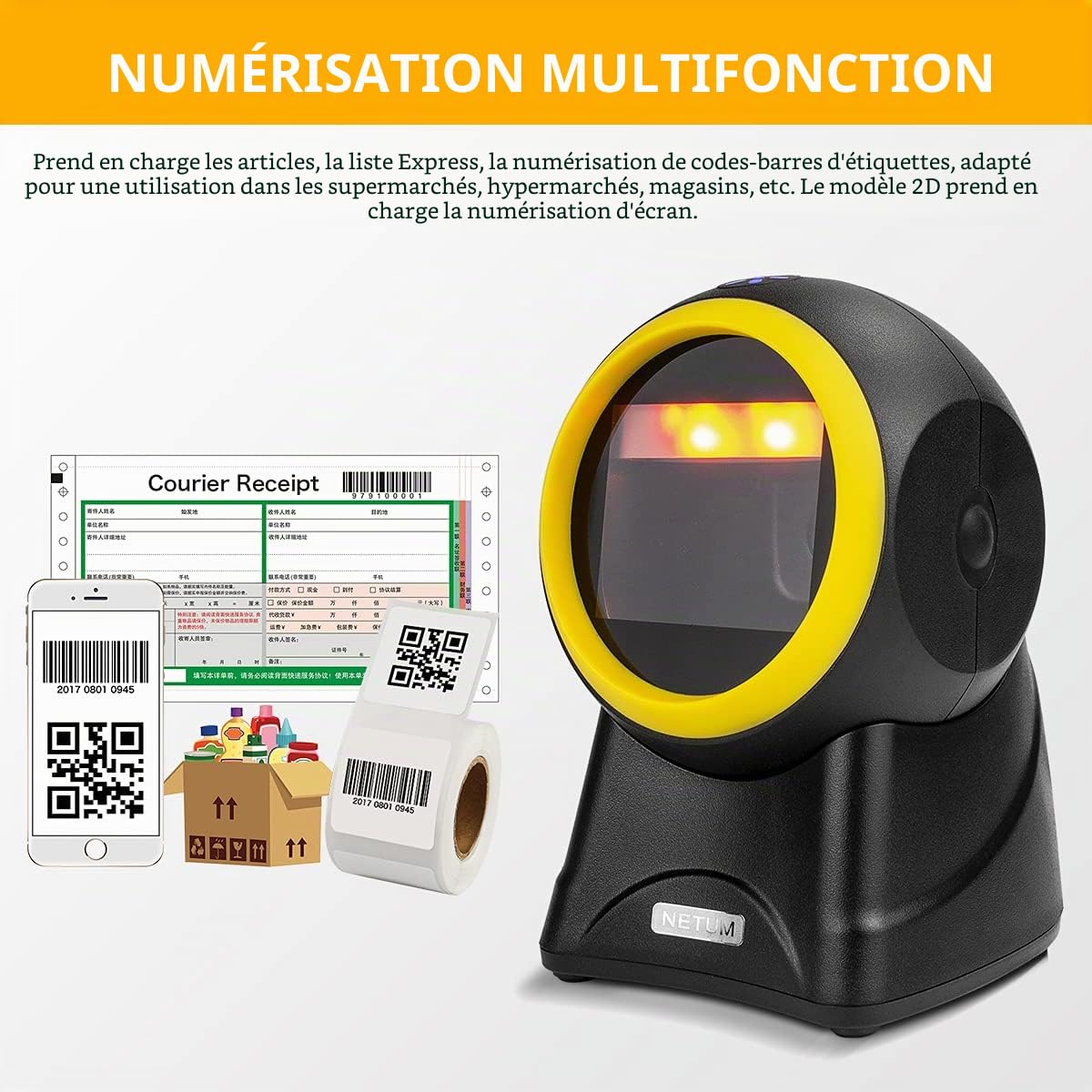 NetumScan Scanner de Codes-Barres Omnidirectionnel USB Mains Libres QR 2D pour Paiement Mobile Numérisation D'écran D'ordinateur PDF417, Data Matrix NS2055L