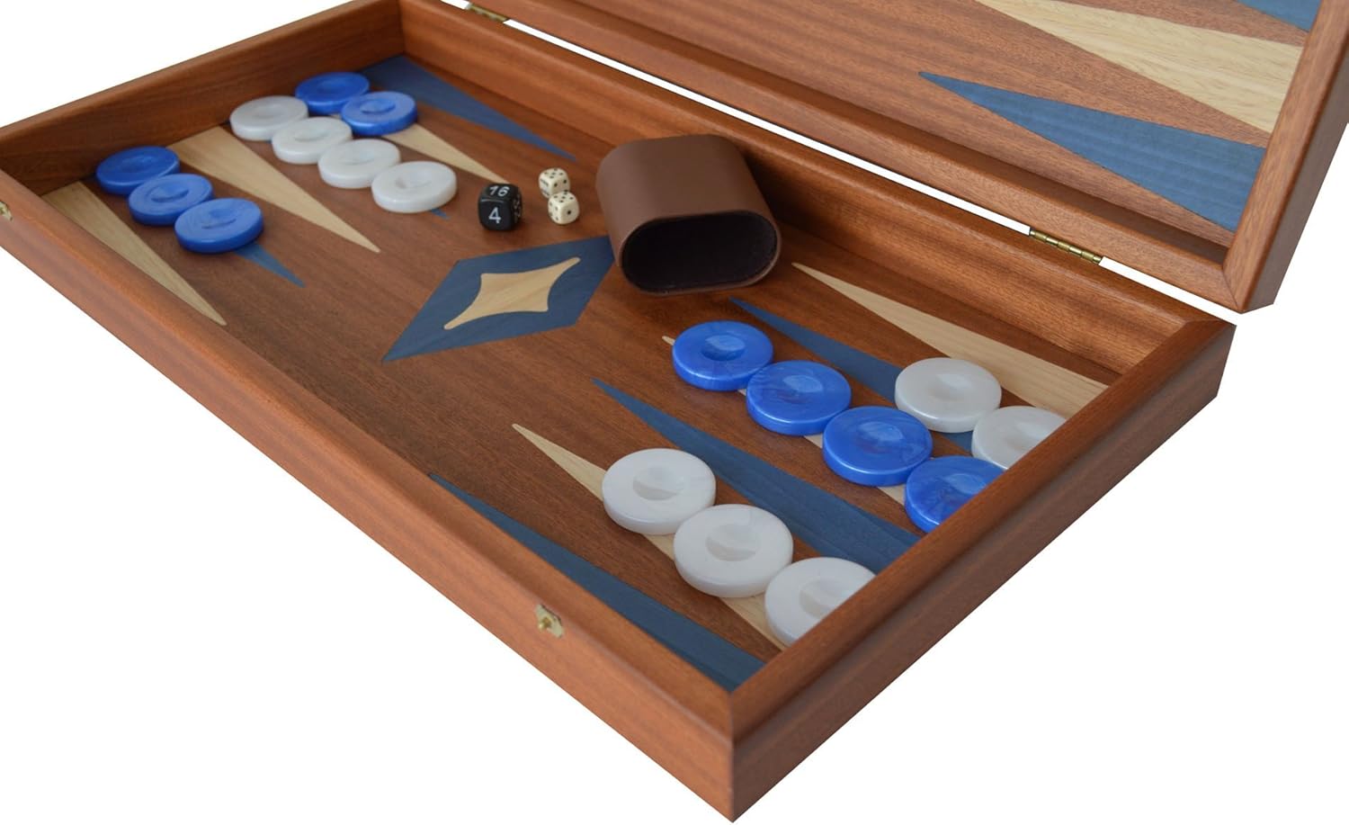 Manopoulos Traditional Mahogany Wood Backgammon Set - Blue White Checkers