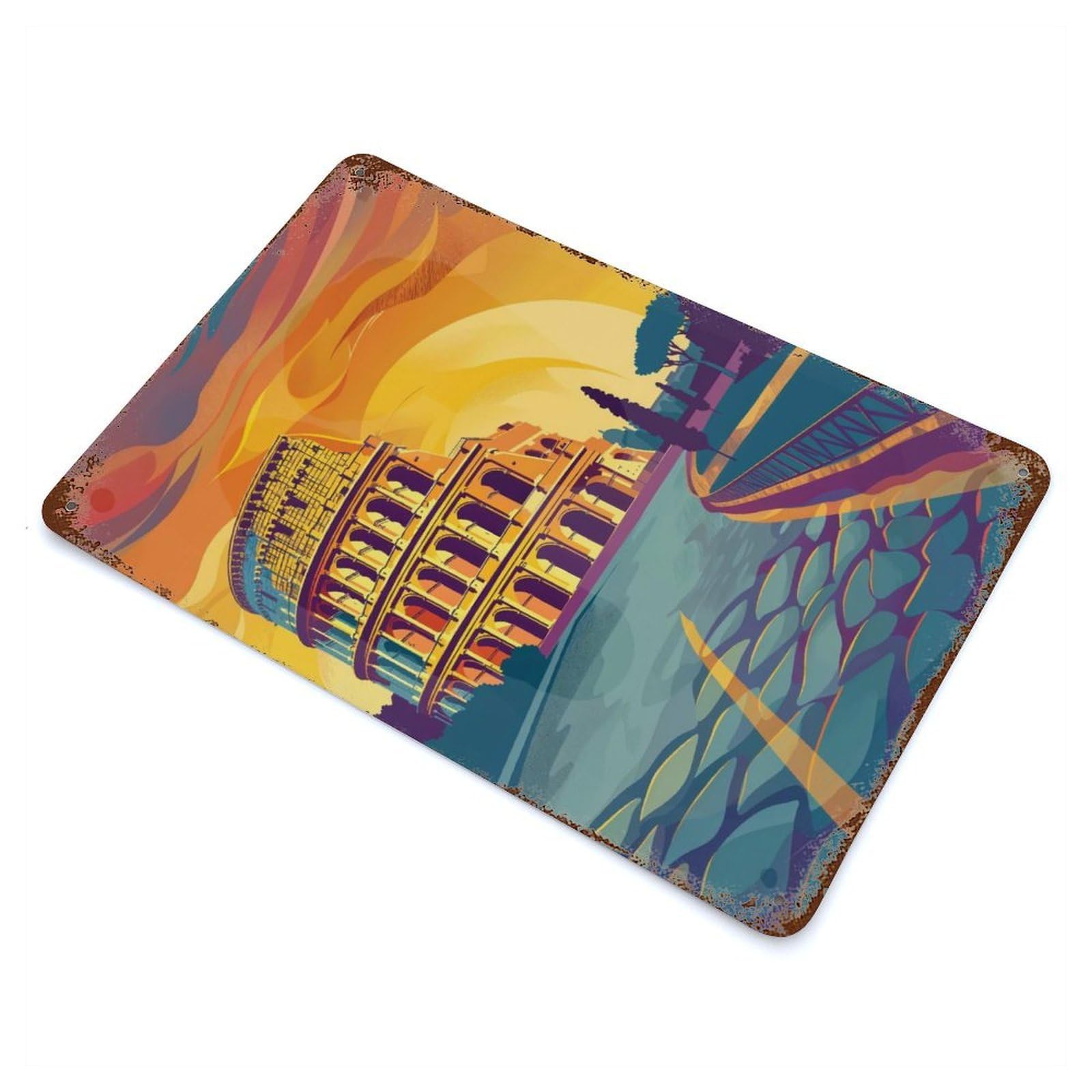 Colosseum Sunset Weathered Tin Sign 11.8"x7.9", Ideal for Shed, Workshop And Garage Wall Decor
