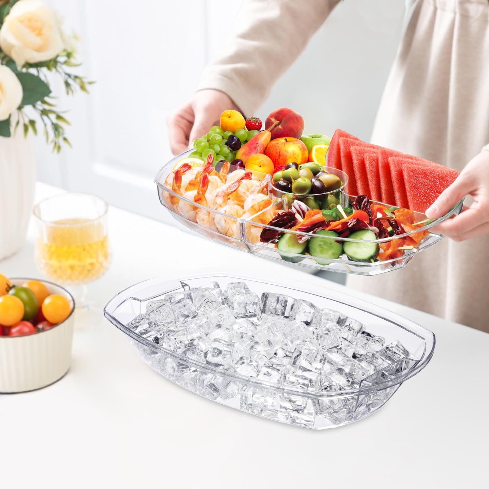 Platos y bandejas para servir refrigerados para entretenimiento, bandeja de verduras frías con tapa, platos y bandejas para servir hielo en frío, bandeja para aperitivos de frutas que mantiene la