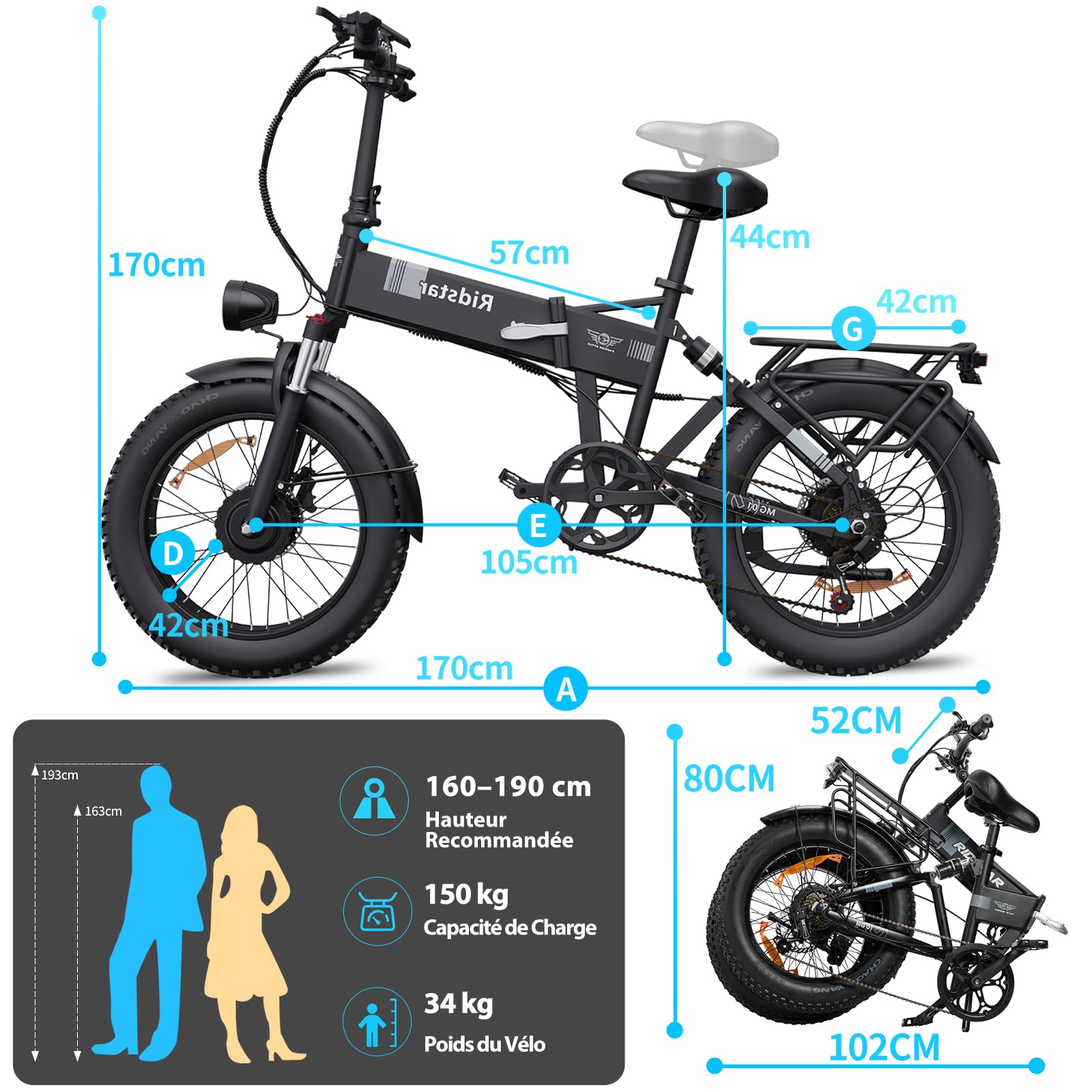 H20 Pro Vélo Électrique Pliable, Autonomie 150km, Batterie Amovible 48V 23Ah, Double Moteur 170Nm, 20" Fat Bike Électrique, VTC 7 Vitesses, E-Bike Double Suspension, Double Disque, Écran LCD
