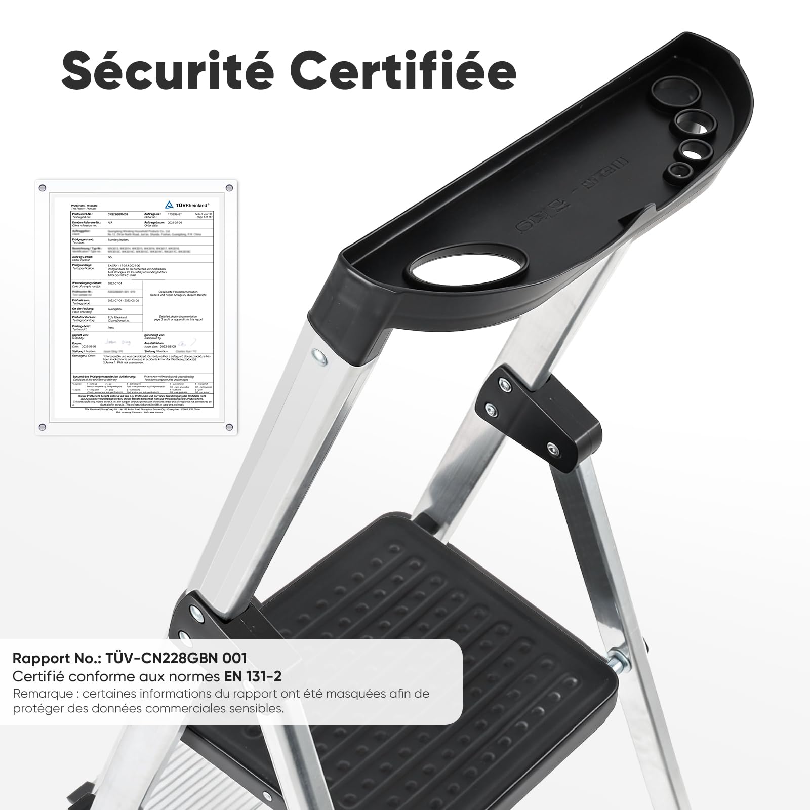Sekey Escabeau 4 Marches Pliable en Aluminium (140 cm), Marchepied Escamotable avec Plateau à Outils, Antidérapant, Charge Jusqu’à 150 kg, Certifié TÜV EN131-2, Usage Domestique, Garage & Jardin