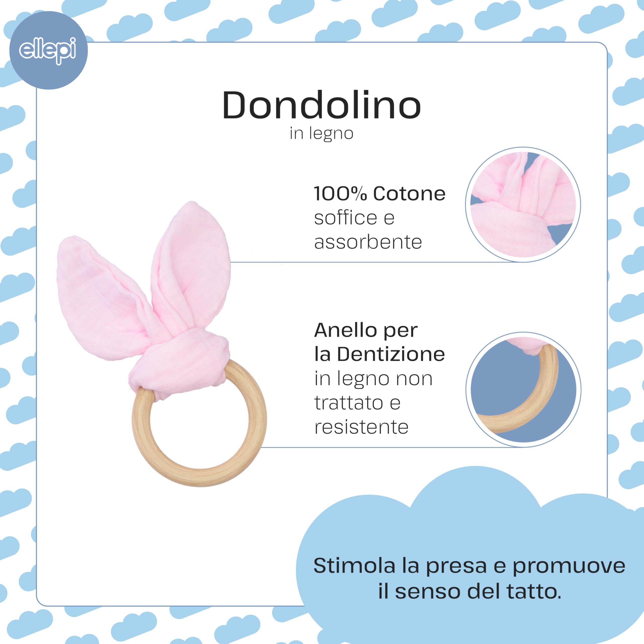 Ellepi Doudou Neonato Set Regalo Nascita Bio - Set Completo con Doudou, Bavaglino e Massaggia Gengive in Cotone Biologico per Neonati 0-3 Mesi (Rosa)