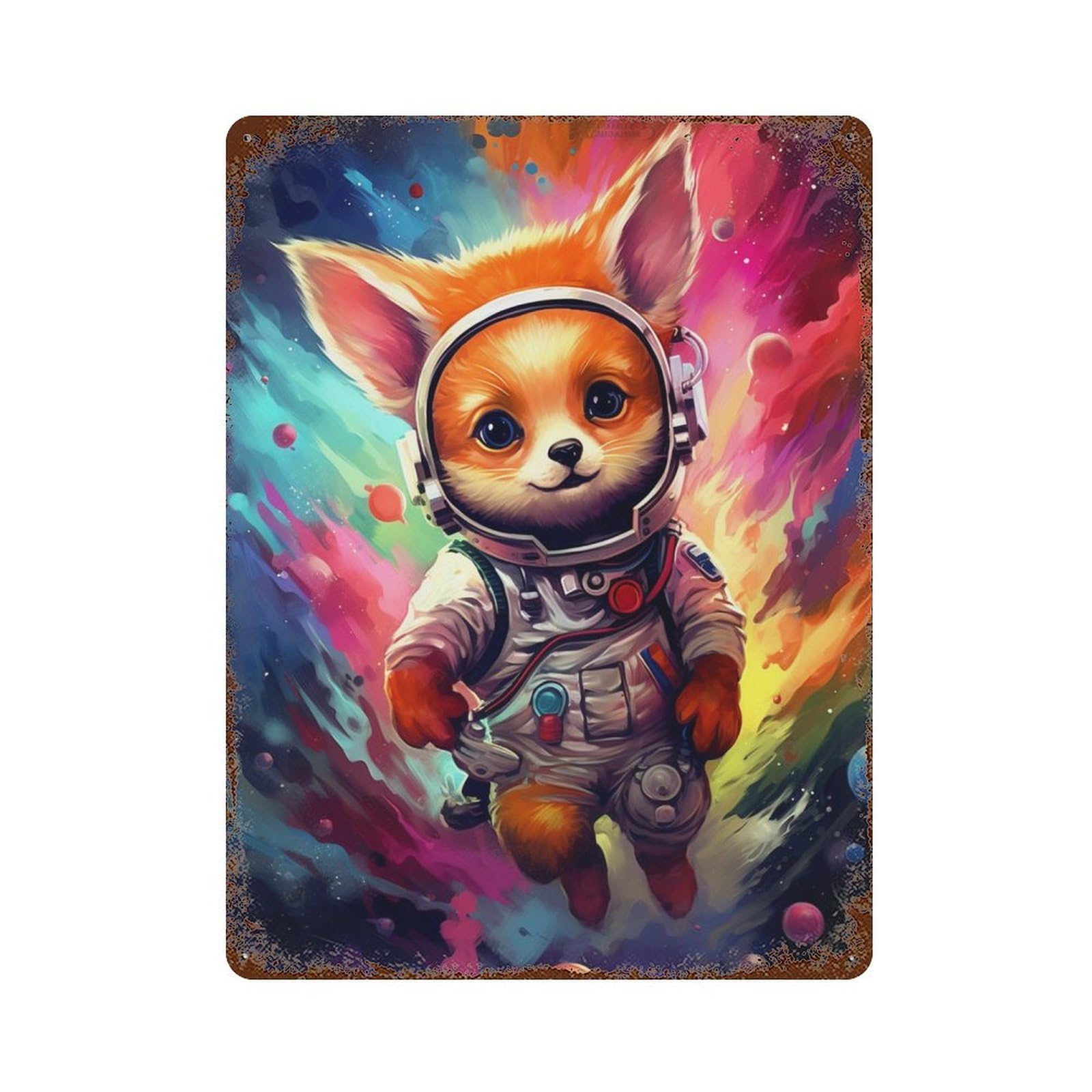 Cosmic Fox Astronaut-3 Weathered Tin Sign 15.7"x11.8", Farmhouse Wall Decor for Garage, Pub Or Kitchen