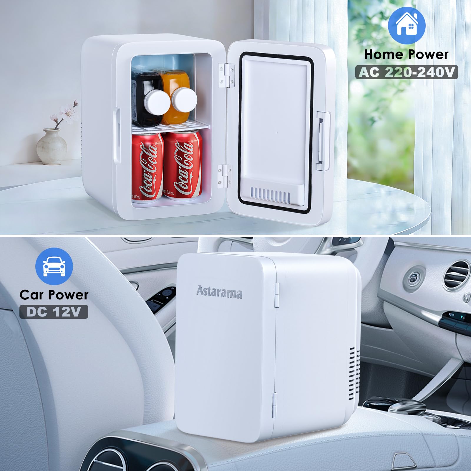 Astarama Nevera Pequeña,6 Litros/8 Latas, 220V AC/12V DC, Enfriador y Calentador Termoeléctrico, Mini Nevera Compatible Coche y Caravanas.Mini Frigorifico Para Bebidas, Cosméticos. (Blanco) - 4