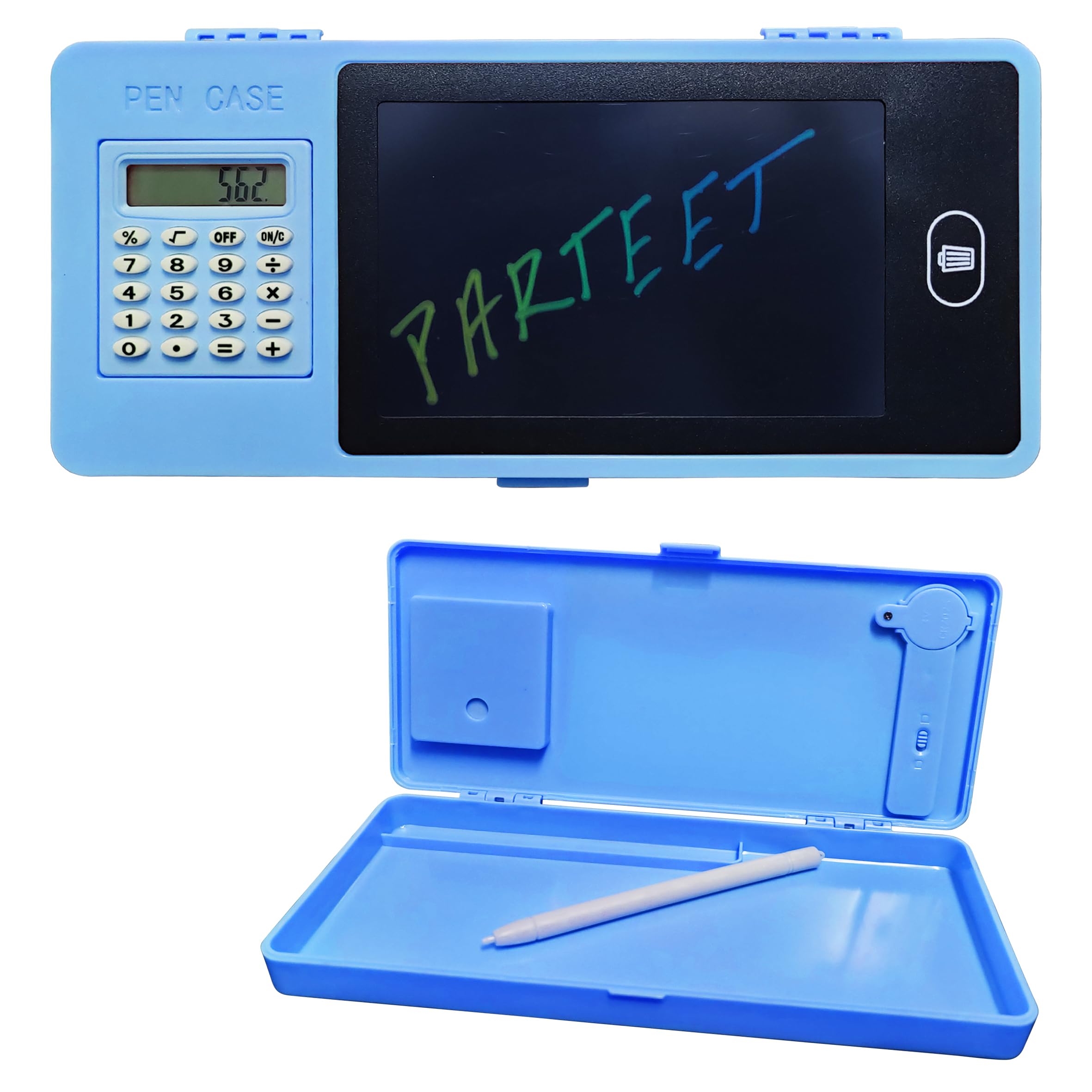 PARTEET LCD Writing Tablet Pencil Box with Calculator | Multifunctional Stationery Case for Kids | Drawing Board Pencil Case with Erase Button | Magic LCD Display & Storage Box (Multicolour)-image-1