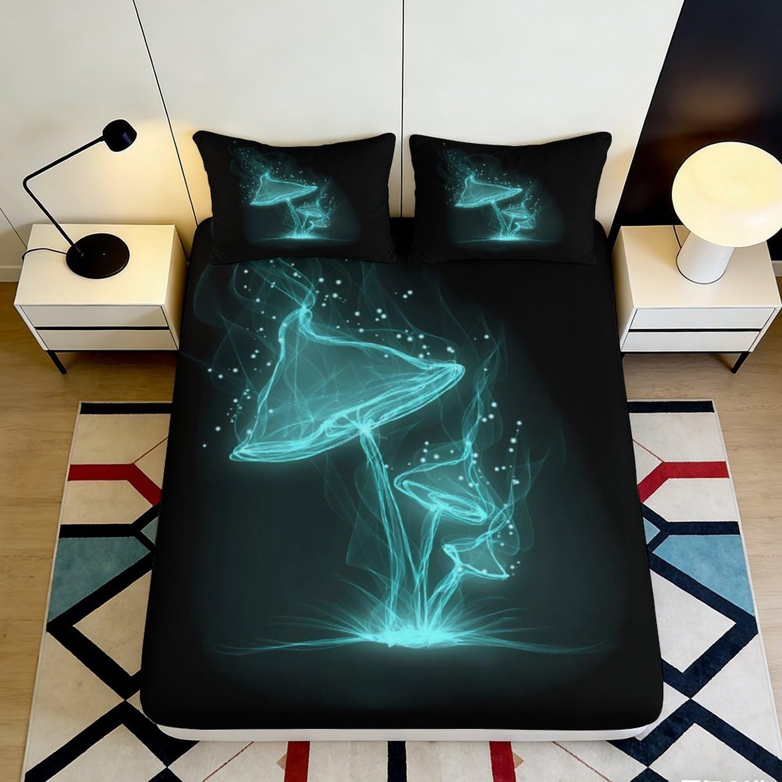 3D Printed Luminous Mushroom Fitted Sheet Microfiber Soft Black Glow Bed Cover for Bedroom Dorm Mattress Decor 200x200x25cm