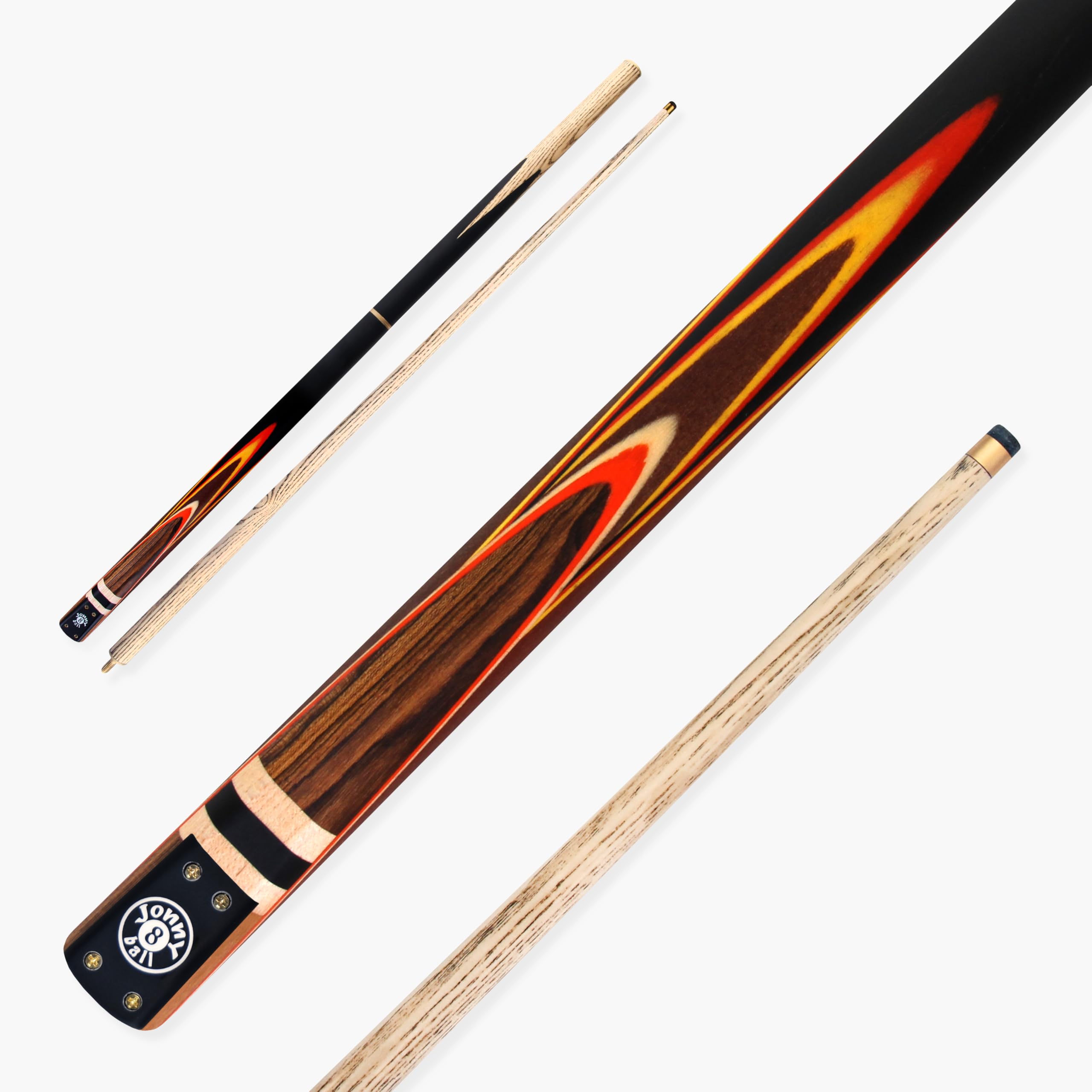 Jonny 8 Ball Traditional Range 57 Inch 3 Piece Centre Jointed Length Adjustable Snooker Pool Cue 9mm Tip - Shorten to 44 Inch (Red Yellow Explosion)