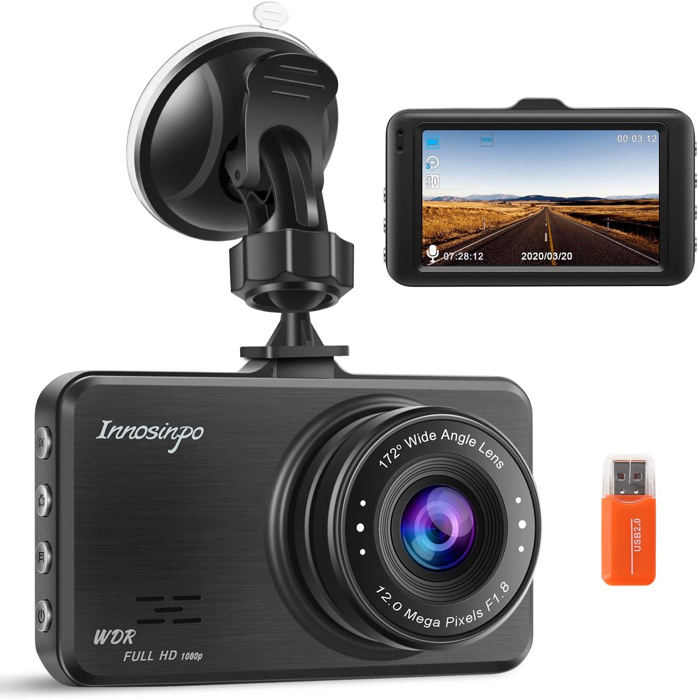 Innosinpo Dash Cam A12 main product image with suction cup mount and USB drive