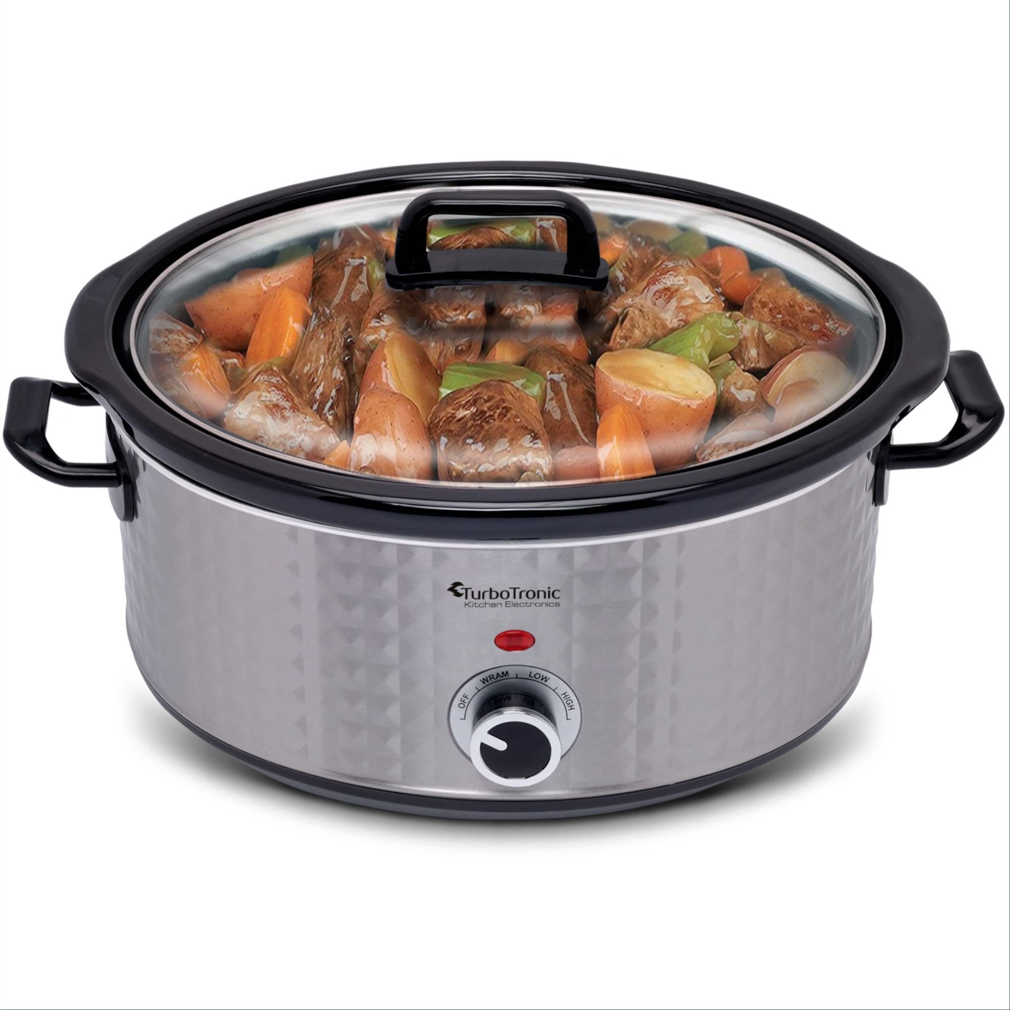 TurboTronic Slow Cooker 6,5L, silber Edelstahl, Schongarer mit Warmhaltefunktion, Dampfgarer, Schmortopf, Gartopf, Sous Vide Garer, retro Rautenmuster
