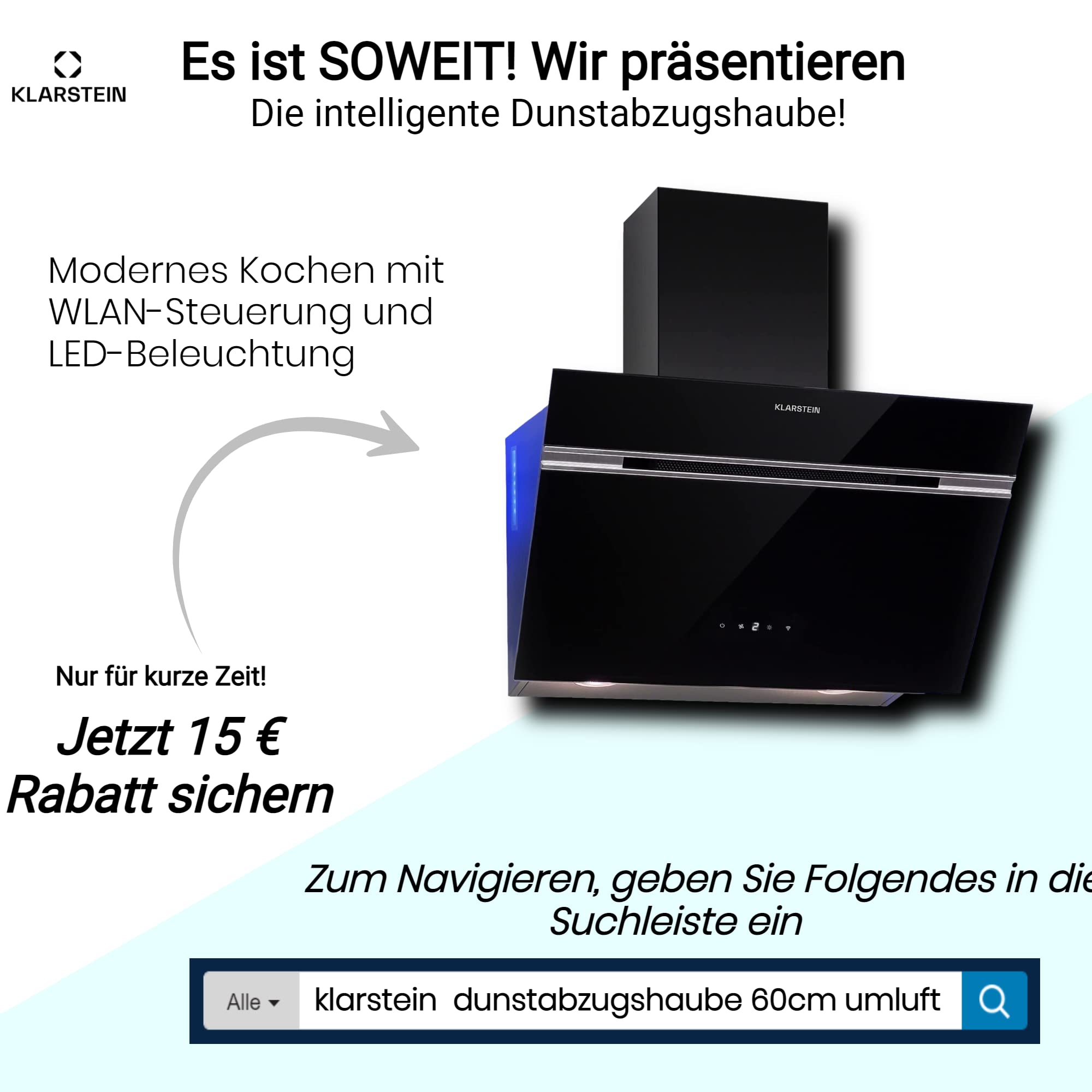 Klarstein Okap kuchenny, Okap 90cm, z recyrkulacją/wyciągiem, z filtrem przeciwtłuszczowym, do montażu ściennego, Okapy z diodami LED, skośny 641 m³/h wyciąg