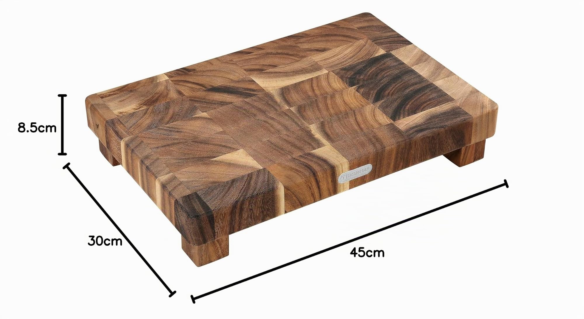 Zassenhaus Hackblock Stirnholz, 45×30×8,5 cm, Akazienholz, rutschfeste Füße | Schneidblock aus Stirnholz, messerfreundlich, für Fleisch, Gemüse und Brot, pflegeleicht, nachhaltig, langlebig