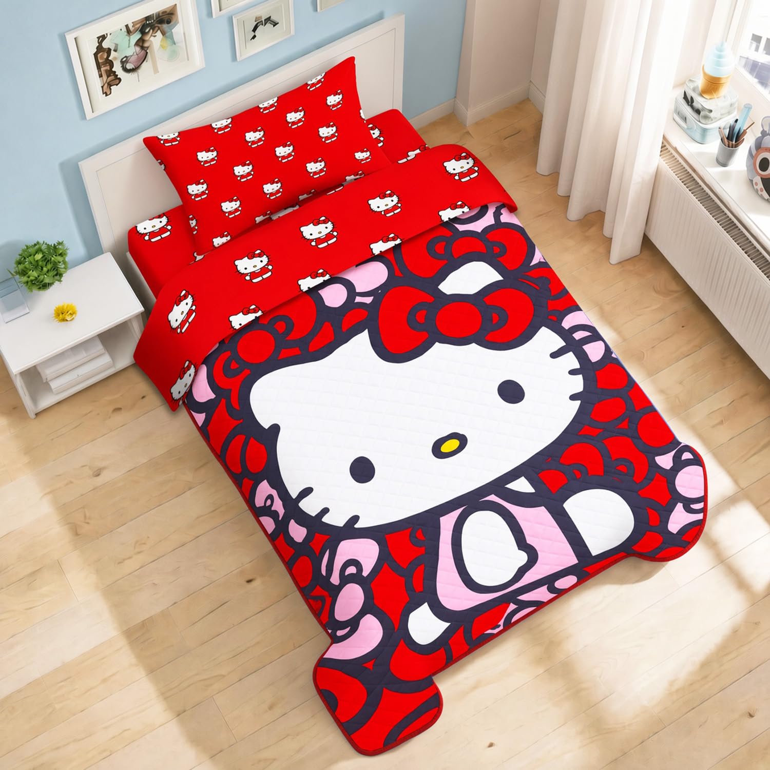 Hello Kitty Twin Bed Bedding Set - 4 Piece - Bedspread, Flat Sheet