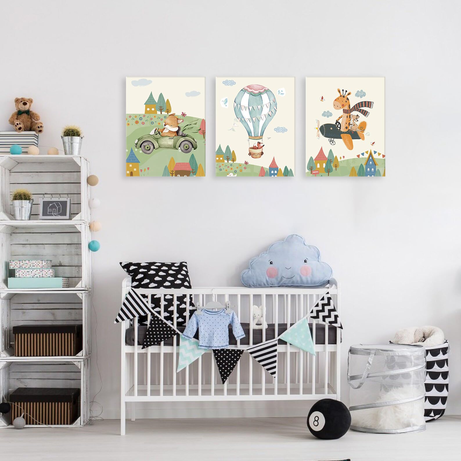 KAIRNE Lot de 4 posters d'animaux avec cadre (20 x 25 cm), motifs d'avion, montgolfière, tableaux muraux pour chambre de bébé, garçon et fille, jungle, safari, tableaux muraux