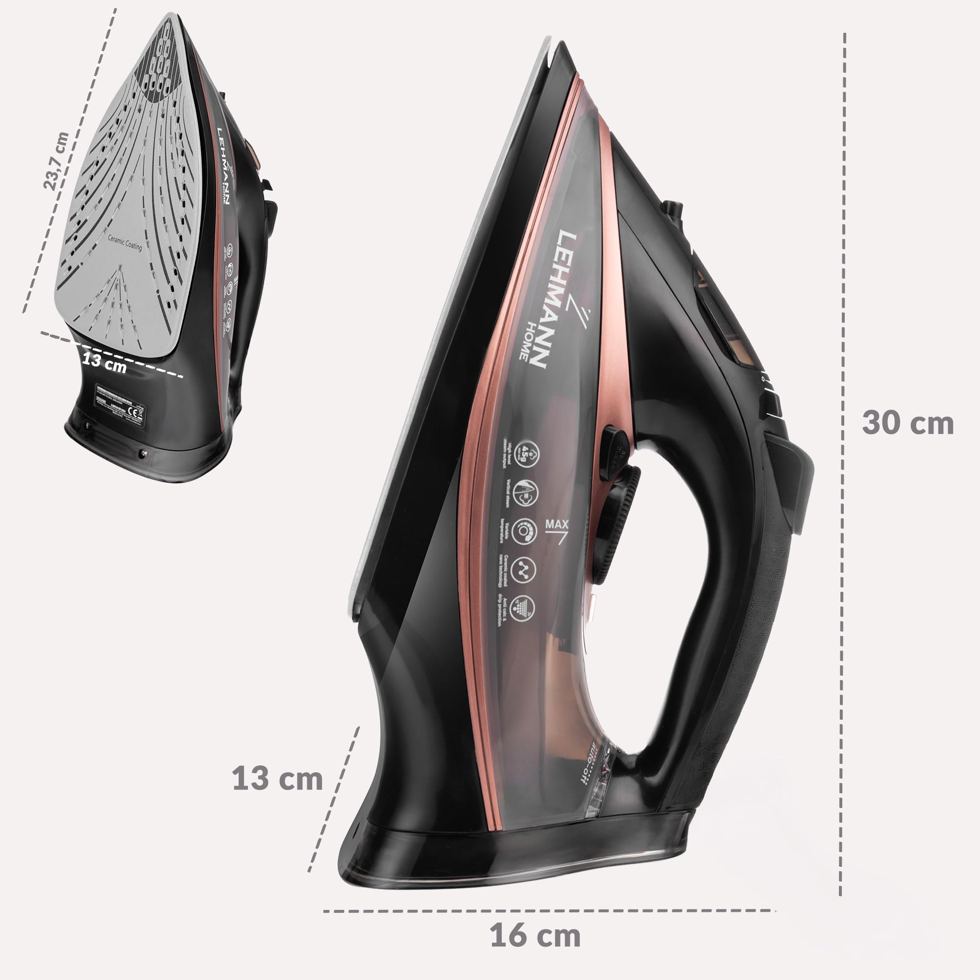LEHMANN Żelazko parowe, 3000 W, uderzenie pary do 140 g, żelazko z ceramiczną stopą, zbiornik na wodę 380 ml, pionowa para, automatyczne wyłączanie, ochrona przed osadzaniem się kamienia i