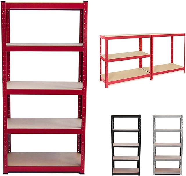 dicn Garage Shed Storage Units Boltless Metal Steel Frame + MDF Board, 175kg Max Load Per Shelf, 150cm x 70cm x 30cm, Red