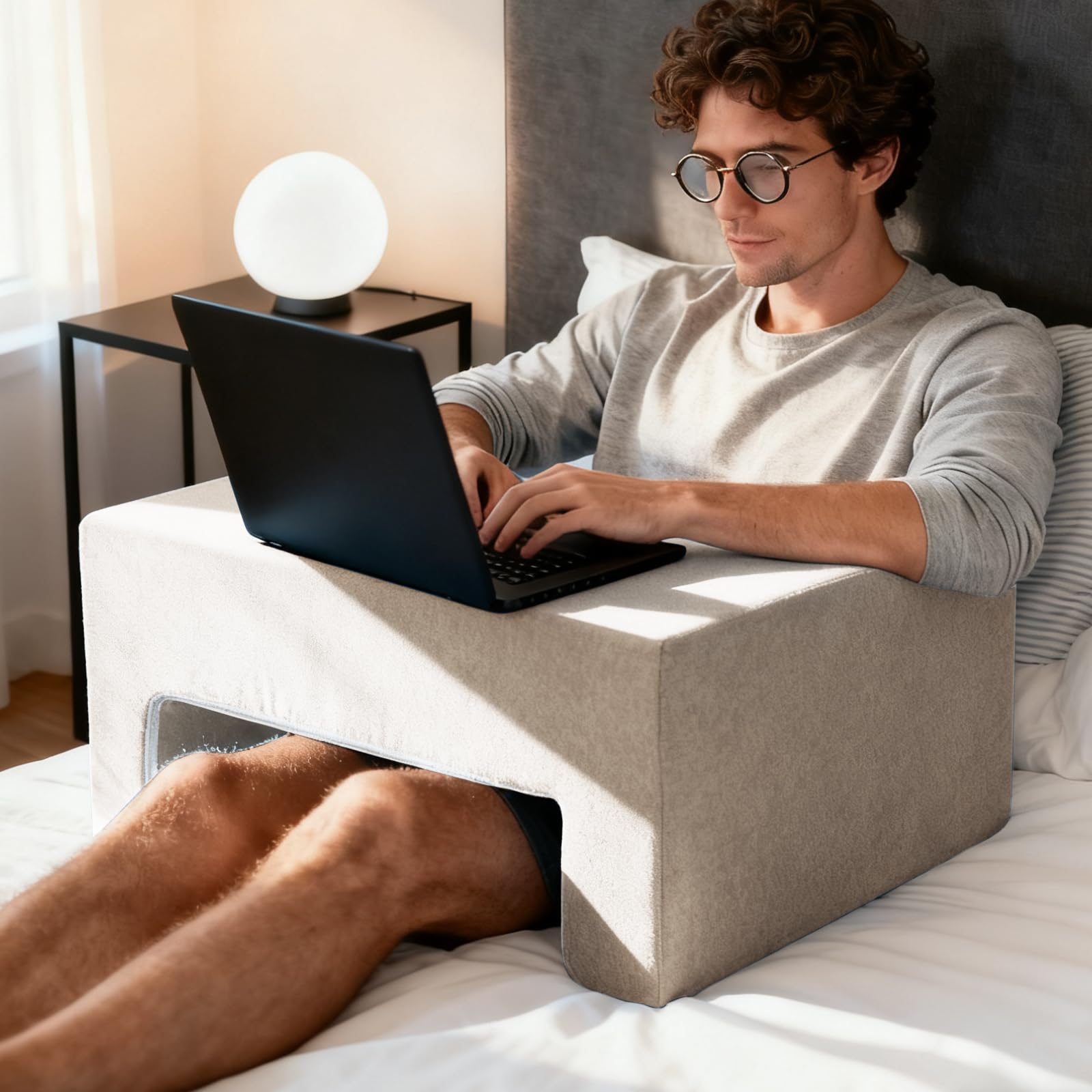 reading pillow for gaming lap desk pillow for laptop memory foam bed desk for reading working crocheting gaming arm rest on bed/sofa/floor/couch/car (beige)