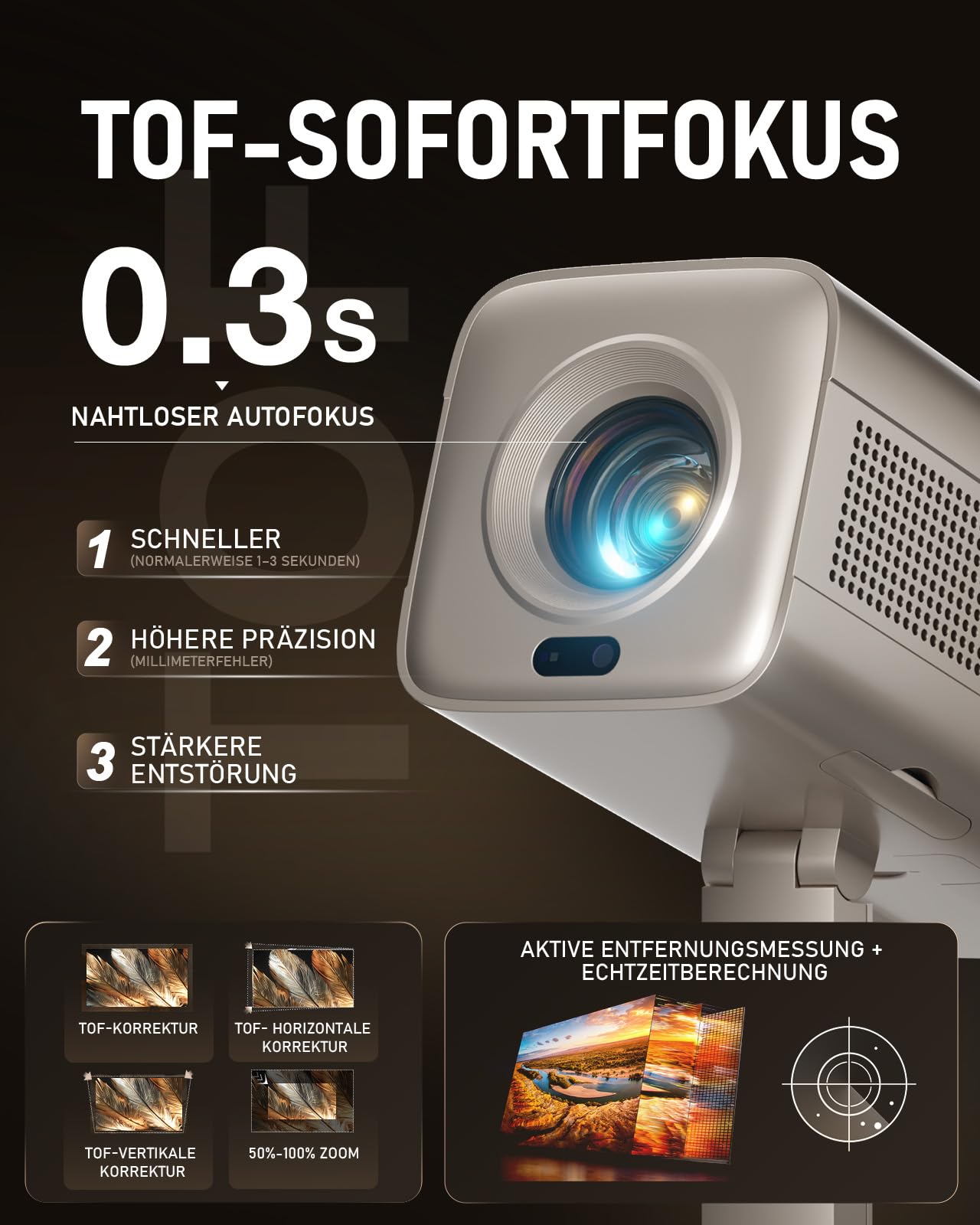 VOPLLS Smart Mini Beamer 4K 28000 Lumen Projektor, Full HD 1080P, WiFi6 Bluetooth, TOF Autofokus, Trapezkorrektur, 210° Drehbar, Kompatibel mit Netflix & Dolby Audio