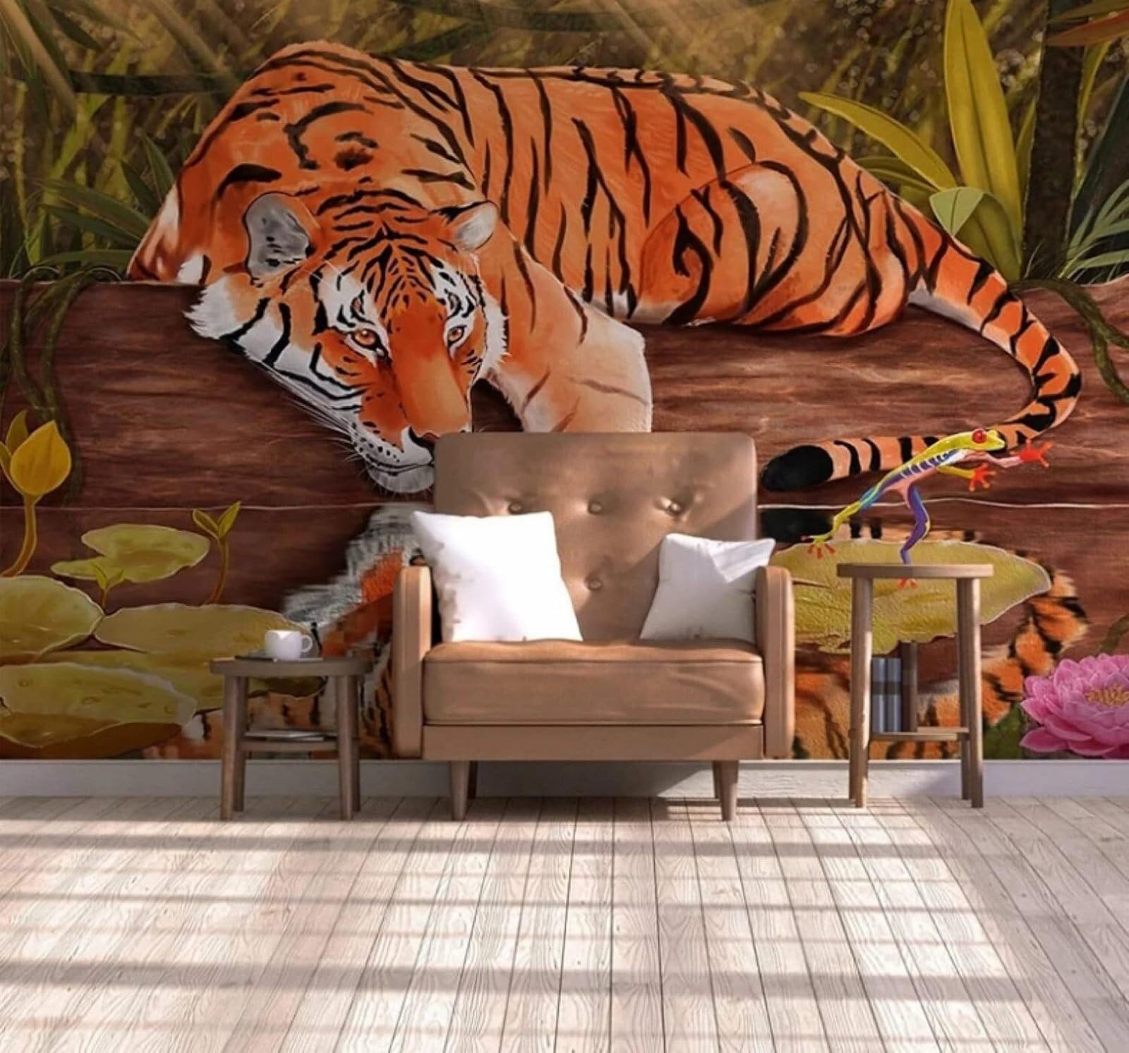 Wallpaper-3D-Xlm 350Cm×256Cm(B×H) Hand Drawn Forest Tiger Animal Pattern 3D Wallpaper Easy Install Feature Office Living Room Sofa Bedroom Tv Background Wall Decoration-350Cm×256Cm