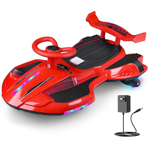 12V Electric Wiggle Car Ride On Toy, Swing Car with Pedal, for Kids from Ages 3 and Up, Birthday Gifts for Boys and Girls, Anti-Rollover, Flashing Wheels, Bluetooth,140Lbs (Black+Red)