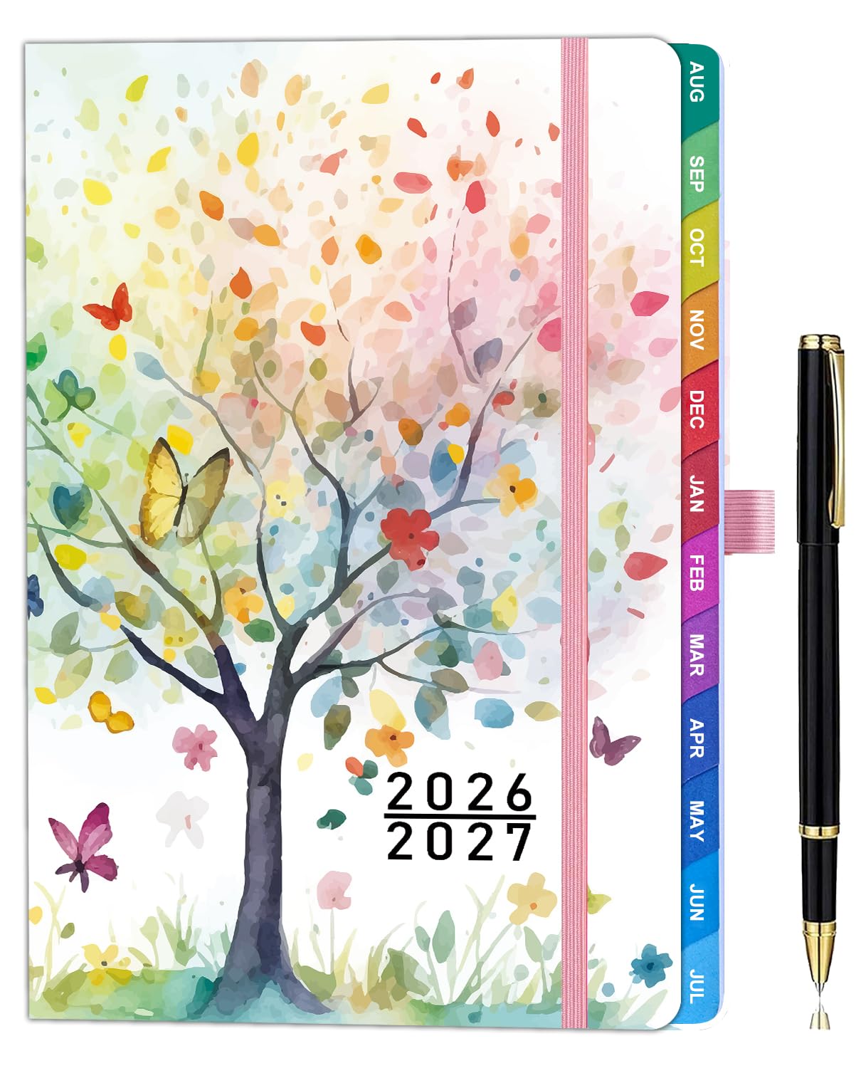 Academic Diary 2026-2027 Week to View A5, Aug 2026 - July 2027, Hardcover, Weekly & Monthly Planner with Colorful Tabs, Notes, Pen Set, Back Pocket - Rainbow Tree