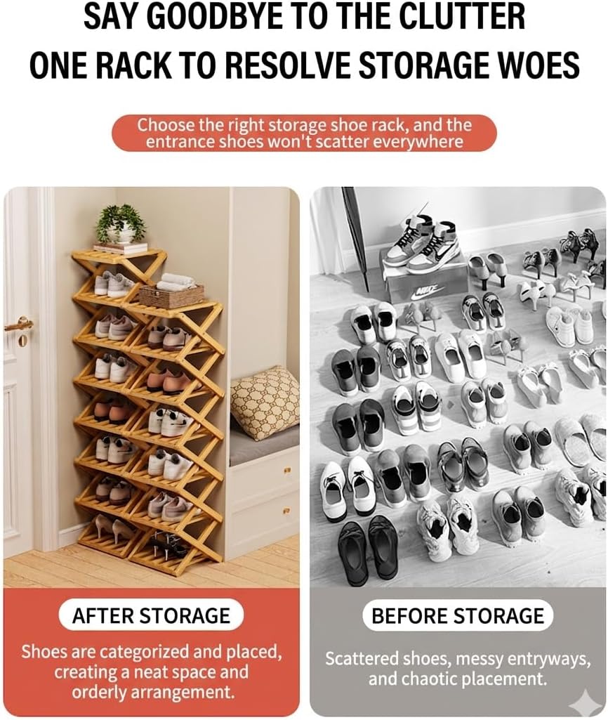 2026 Upgrade The 9-Tier No-Assembly Bamboo Shoe Rack, 2-9 Foldable Tier Rack Multi-Tier Narrow Shoe Shelf for Entryway, Space-Saving Vertical Storage Organizer for Closet Dorm (Natural Color, 9-tier)
