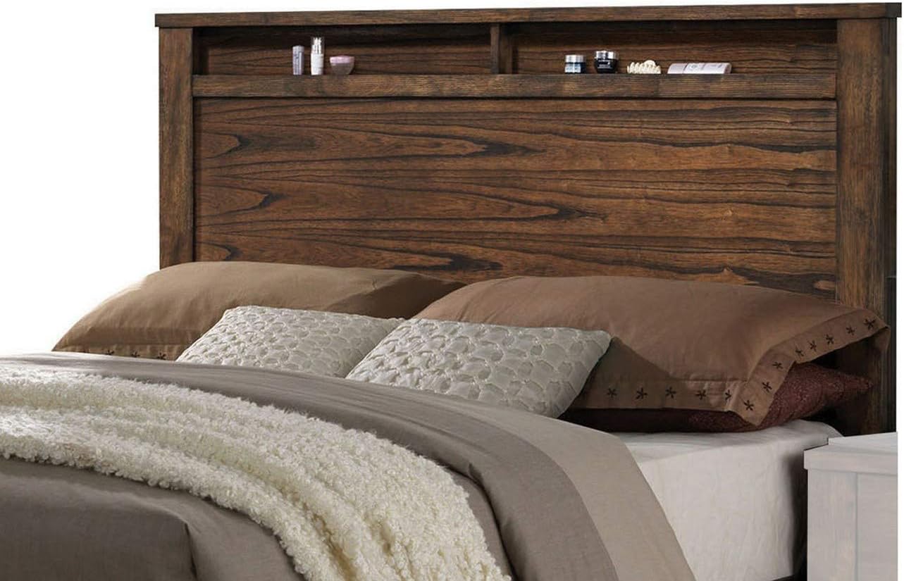 Close-up of the Benjara bed headboard with open shelves