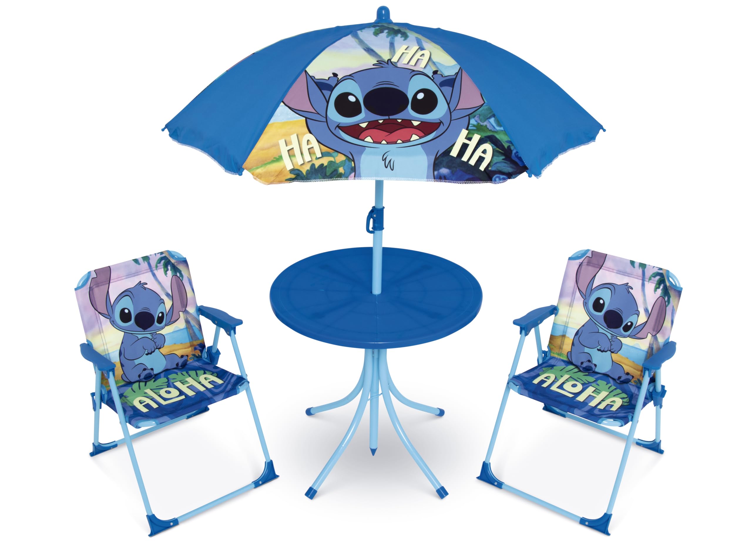 Relsy Disney Lilo & Stitch Kids’ 4-Piece Patio Set with Parasol, Round Table & 2 Folding Chairs – Blue Children’s Outdoor Garden Furniture Set