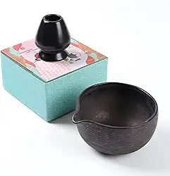 Tigela Matcha tradicional com bico de despejar e suporte para batedor (remodelador) - Kit de chawan de chá verde Matcha retrô feito à mão - 650 ml copo grande de salada para suco de mingau e descanso chasen (preto charmoing)