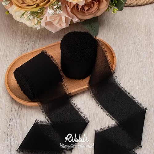 Miniatura 52 de Ribbli Cinta de gasa azul bebé de 1 pulgada x 20 yardas hecha a mano con flecos de seda, cinta azul para envolver regalos, invitaciones de boda