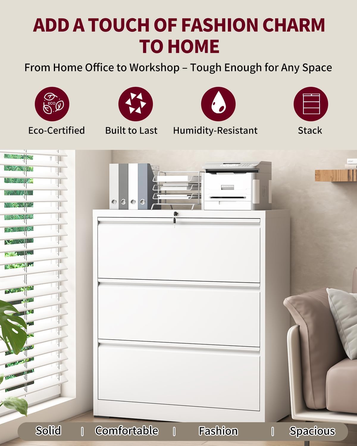 Lateral File Cabinet with Lock, 3 Drawer Metal File Cabinets for Home Office, Large Filing Storage Cabinet Printer Stand, Steel Wide File Cabinet for Legal/A4/F4/Letter Size Files(White)