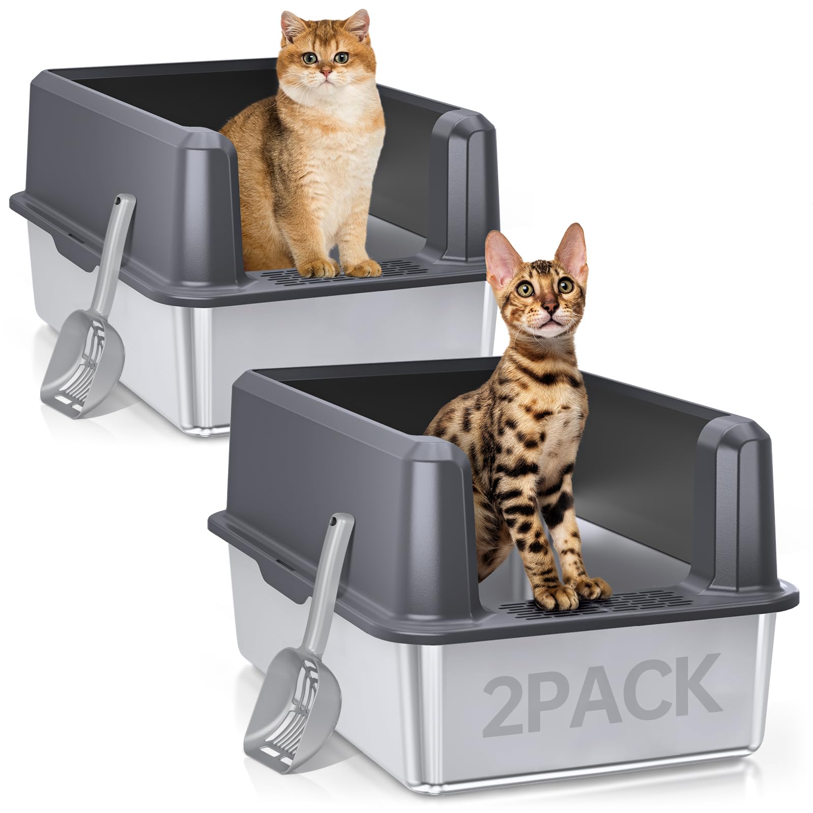 2PACK Stainless Steel Cat Litter Box with Lid, XL Metal Litter Box for Big Cats, Extra Large Litter Pan with High Sides, Never Absorbs Odors, Non-Sticky, Easy Clean, Anti-Urine Leakage (Gray)
