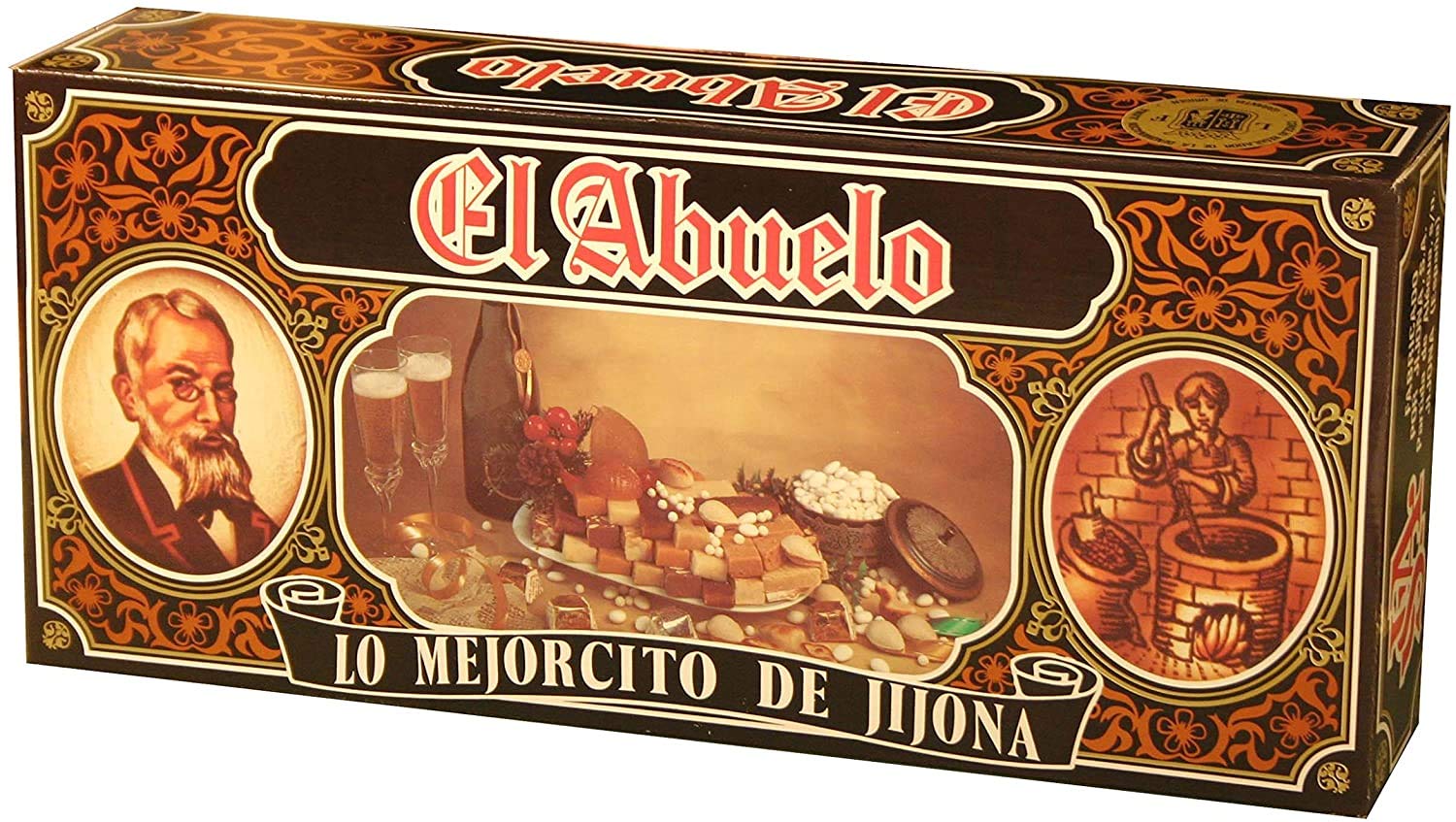 Lot de Turrons artisanaux dans un boîtier doré lithographié (nº 5), El Abuelo. 3,65 kg - (turron espagnol, touron, nougat) - Pack (6 x 300 g, 2 x 500 g, 1 x 400 g, 3 x 150 g) - fabriqué et expédié de Jijona, Alicante.