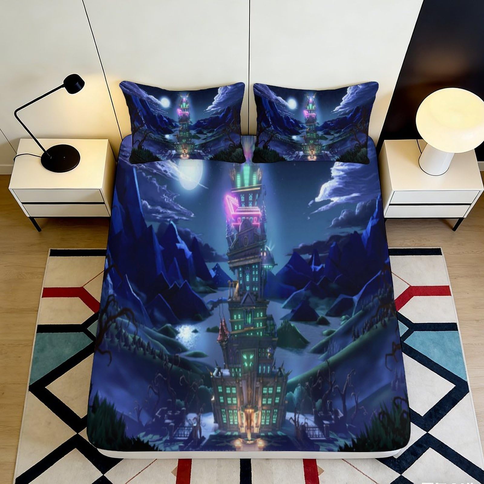 3D Printed Haunted Mansion Fitted Sheet Microfiber Soft Breathable Moonlit Night Bed Cover for Bedroom Decor 200x200x25cm