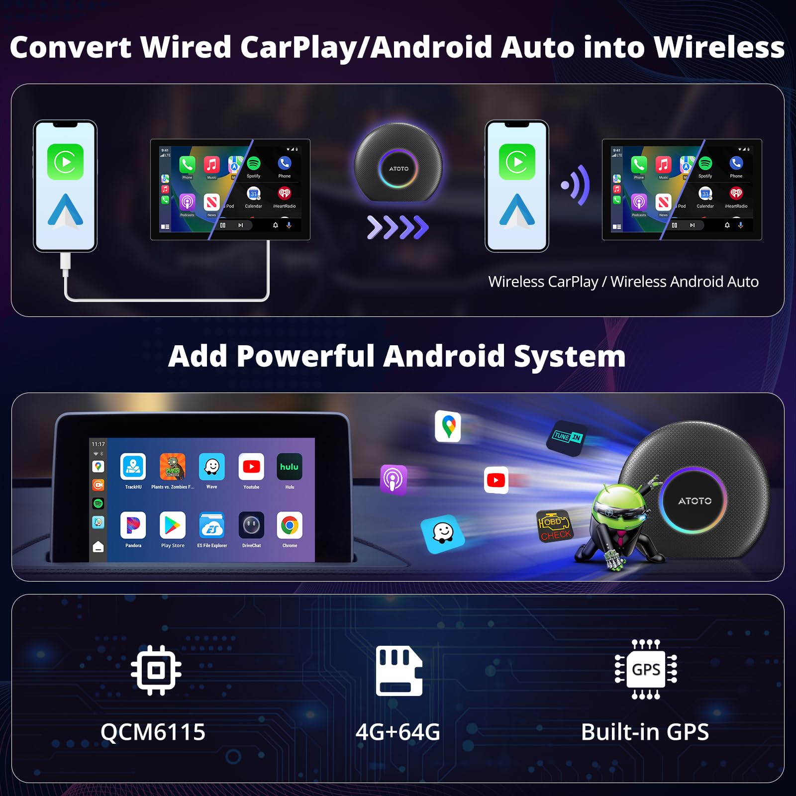 カーオーディオ ATOTO CB6A CarPlay Ai Box ATOTO CB6 Wireless CarPlay Adapter, 8+128GB, Dual BT, GPS