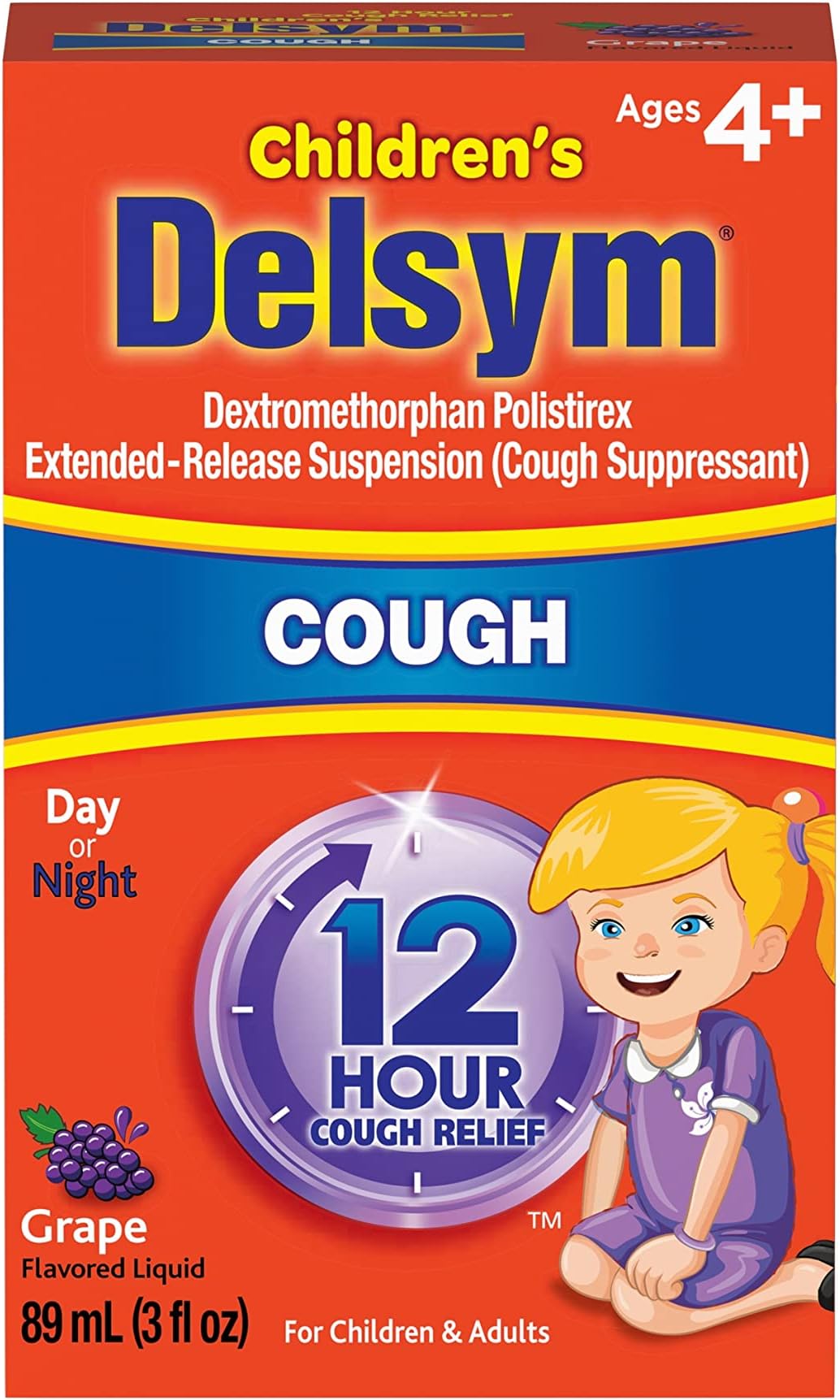 Delsym Children's 12 Hour Cough Relief Liquid - Day or Night Cough Syrup and Kids Cough Medicine, Grape, 3 Oz