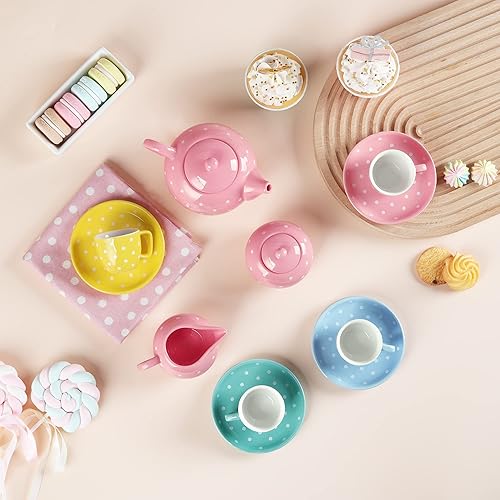 Miniatura 4 de fanquare Juego de té de porcelana para niñas y adultos, juego de té colorido de 12 piezas con caja de regalo para fiestas de té en casa y cumpleaños
