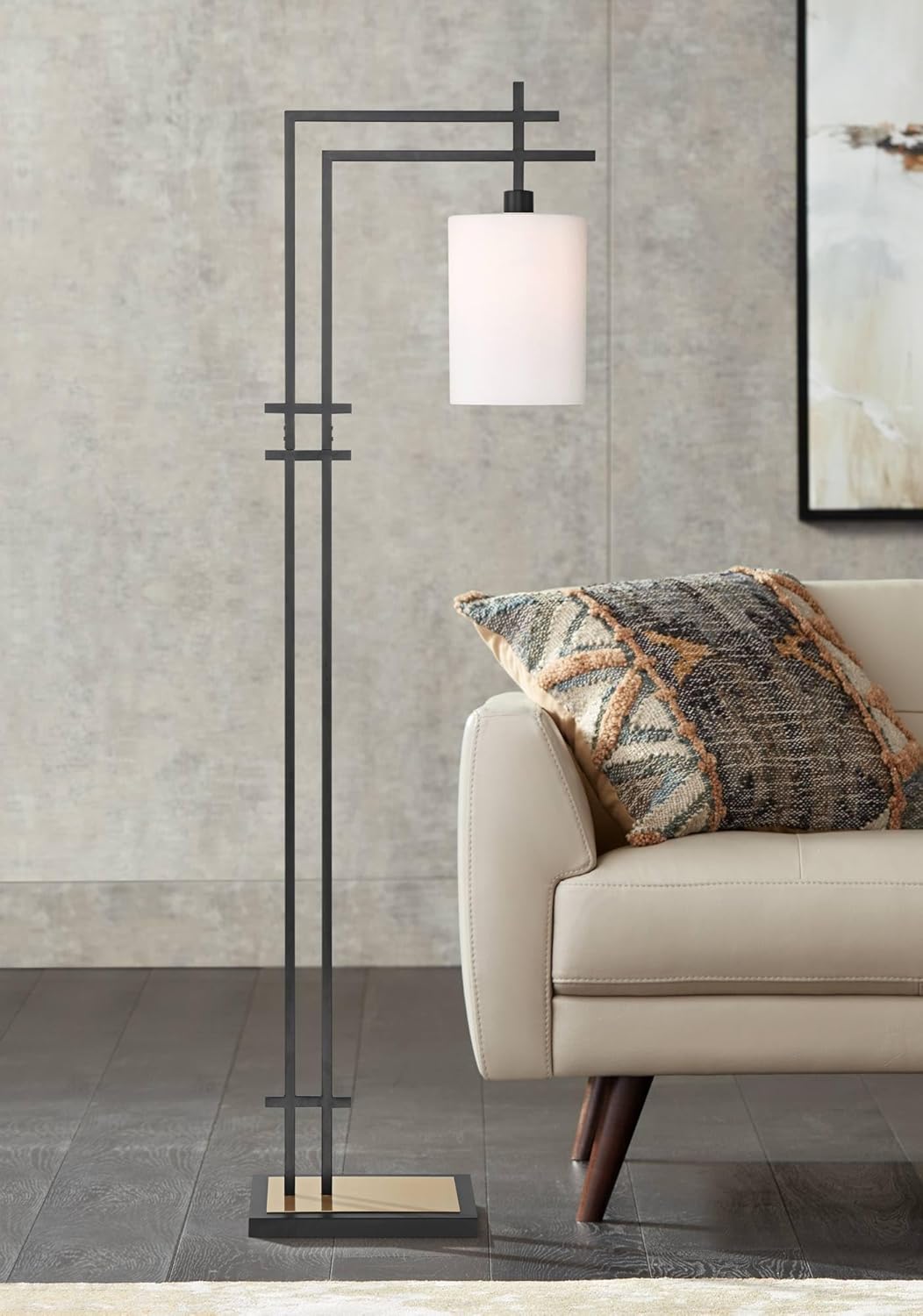 Possini Euro Design Torrance Modern Industrial 65" Tall Downbridge Arc Floor Lamp Matte Black Warm Gold Metal Frosted Glass Cylinder Shade for Living Room Reading Family Bedroom Office House Home