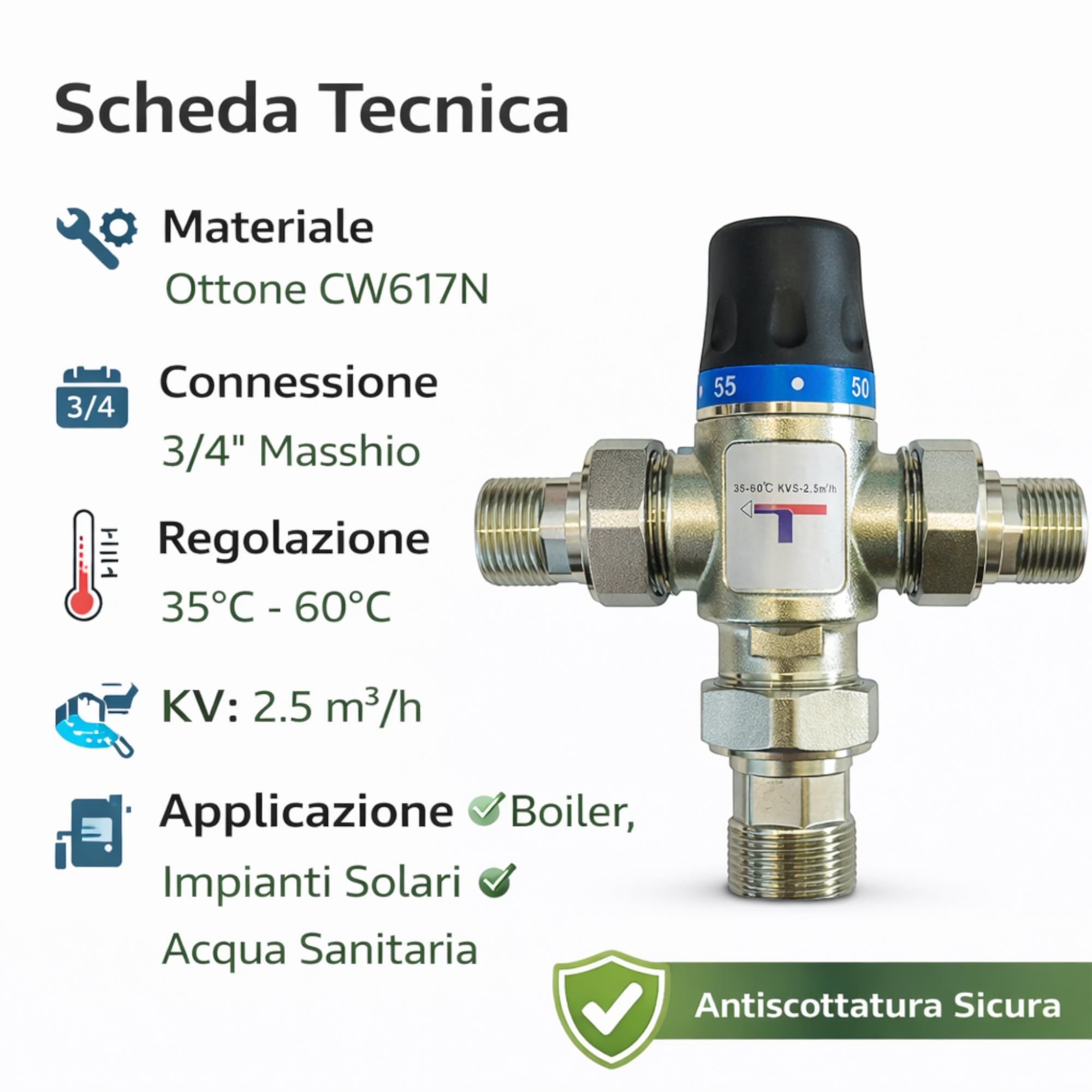 Valvola Miscelatrice Termostatica Solare 1” in Ottone CW617N con Prolunghe 3/4” M, Regolatore Temperatura 35-60°C, Antiscottatura per Boiler, Scaldabagno e Impianti Solari