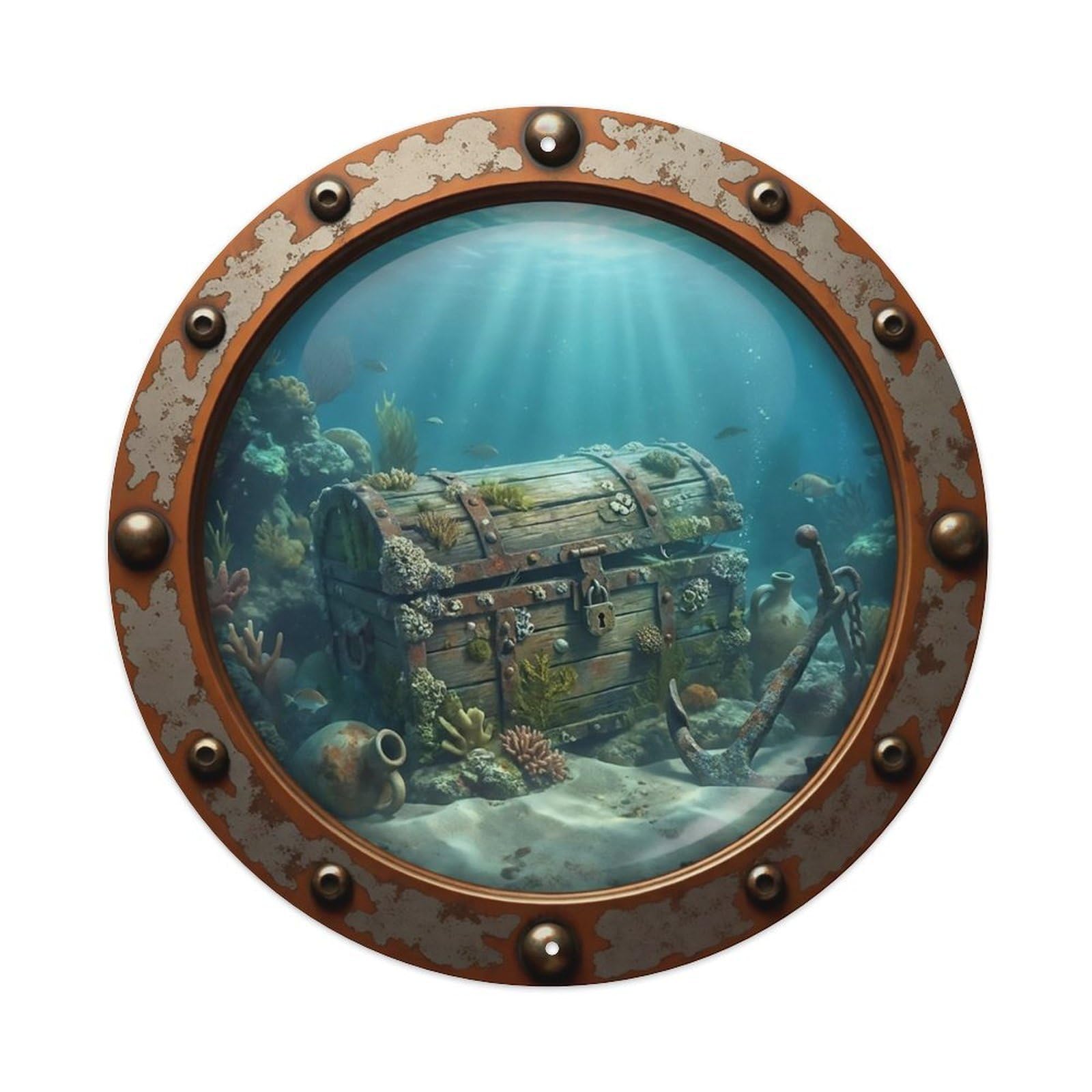 Odgynaw 8X8inch(20X20cm) Vintage Porthole Sunken Treasure Chest Nautical Window Metal Tin Sign