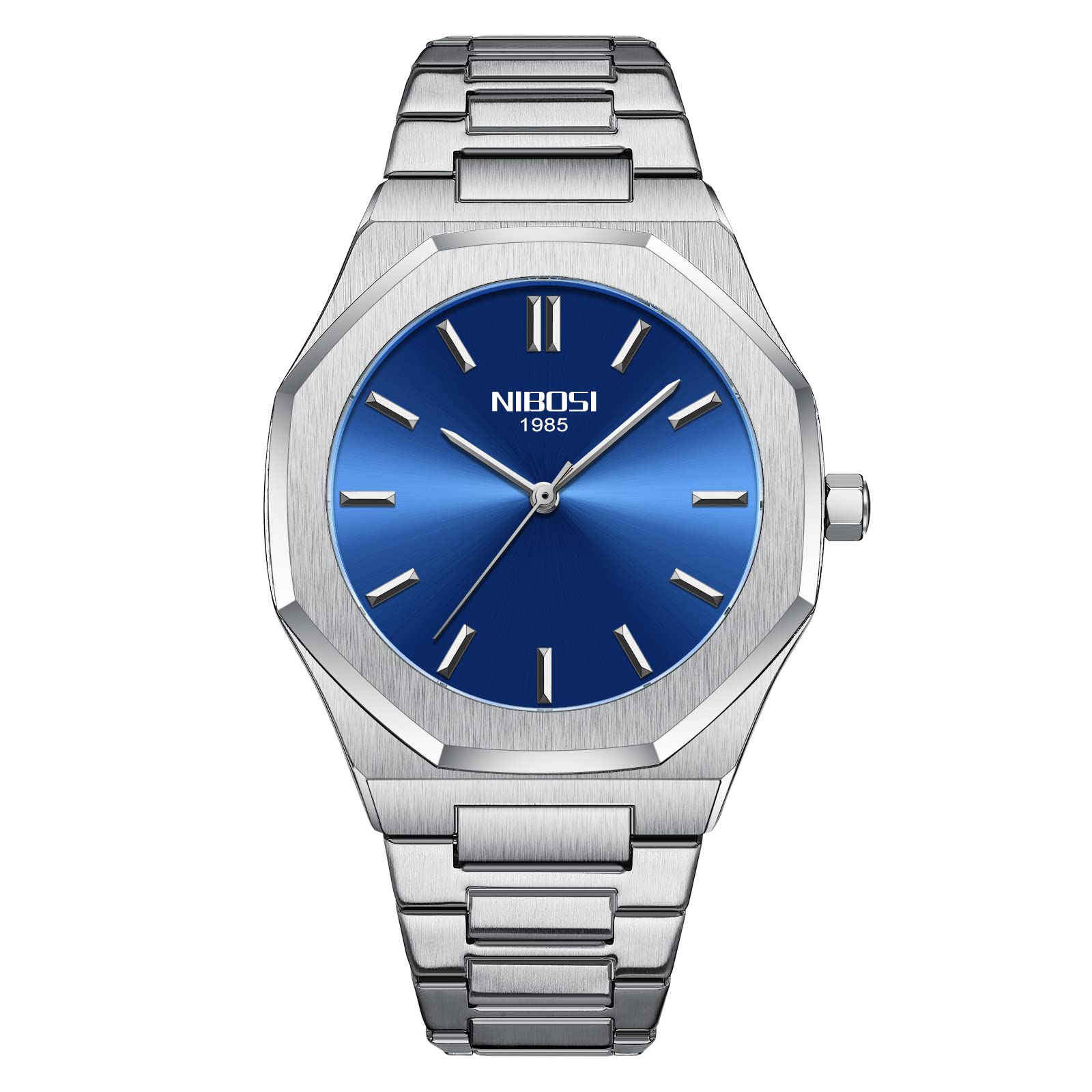 NIBOSI Men's Watches Analog Minimalism Dial Octagon Watches for Men Business Waterproof Dress Wrist Watch With Gold Stainless Steel Strap Silver Blue