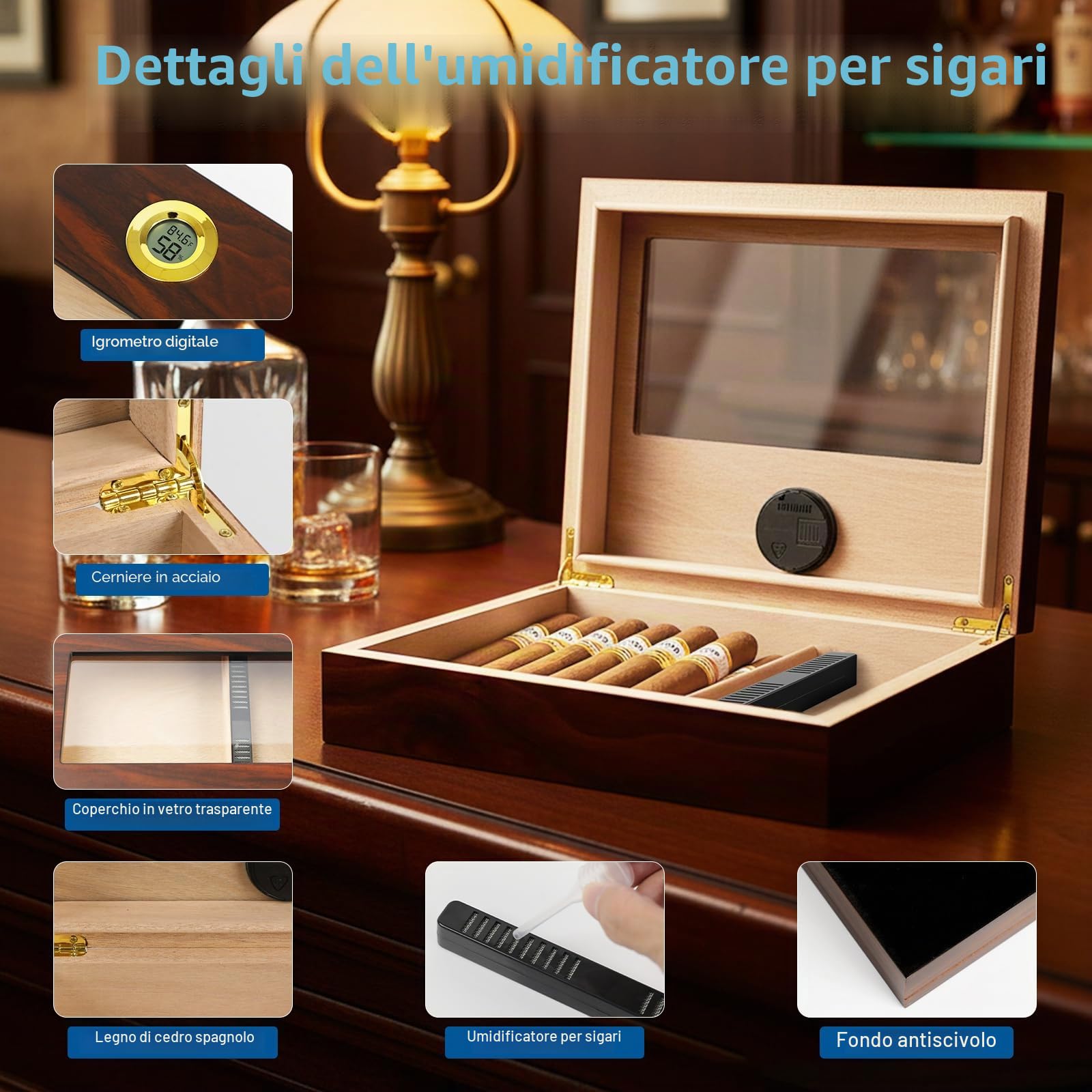 Humidor Sigari, Dayear Humidor per Sigari Humidor Cigar Box con igrometro e umidificatore, Box di stoccaggio del fumo per sigari cubani per 20-25 sigari (I sigari non sono inclusi)